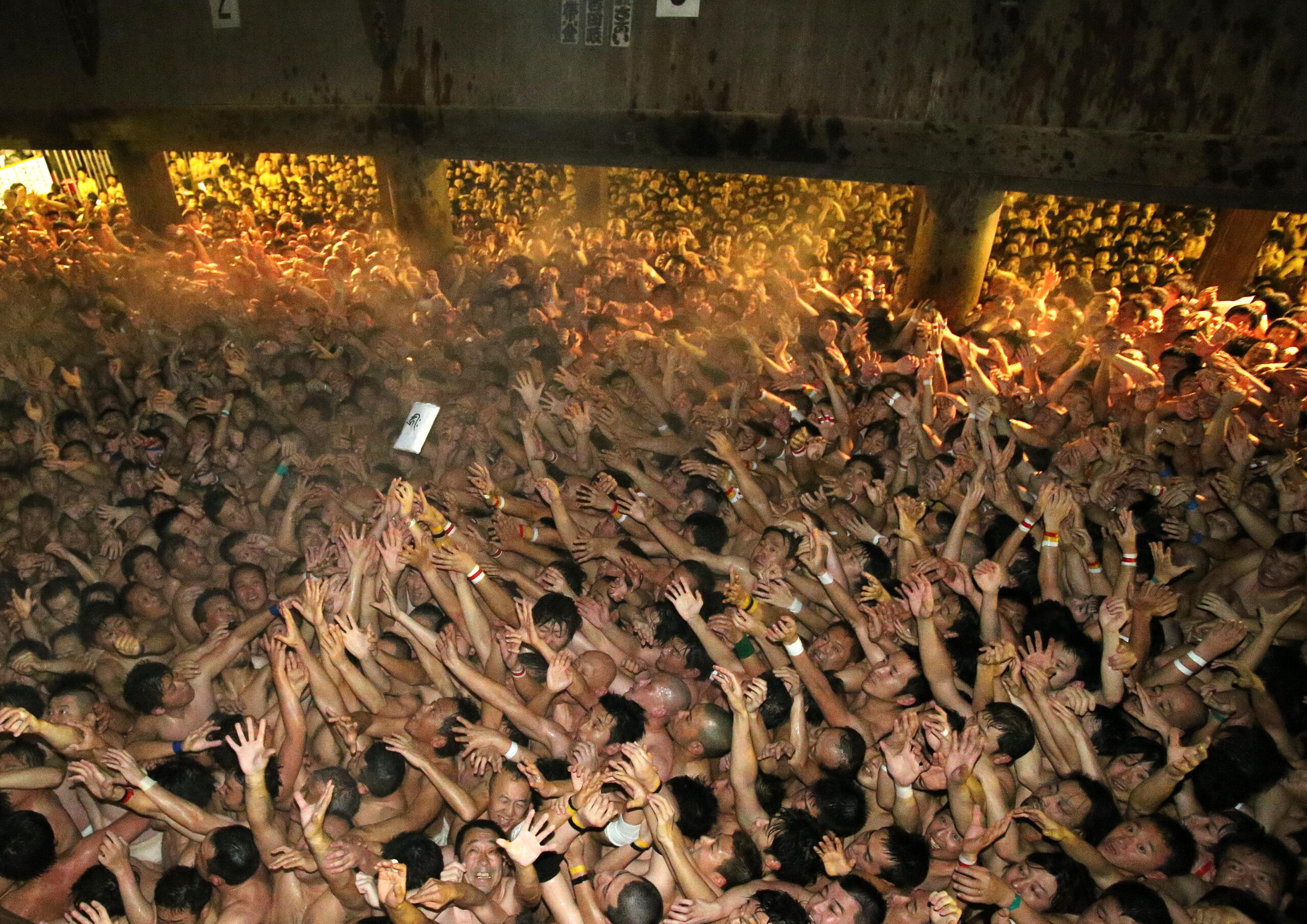 Massive cheering crowd at a concert with hands raised toward the stage in a dimly lit venue and warm lighting.