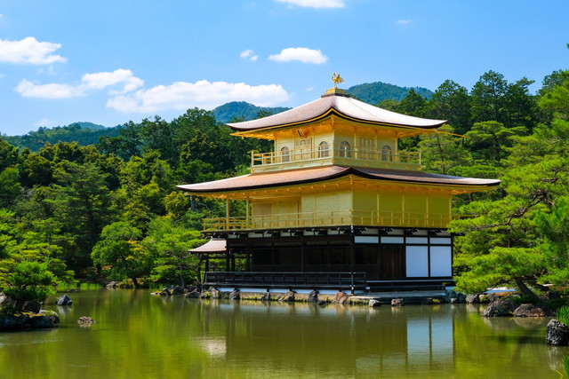 Golden three-story Kinkaku-ji temple reflected in a calm pond with surrounding trees and blue sky.