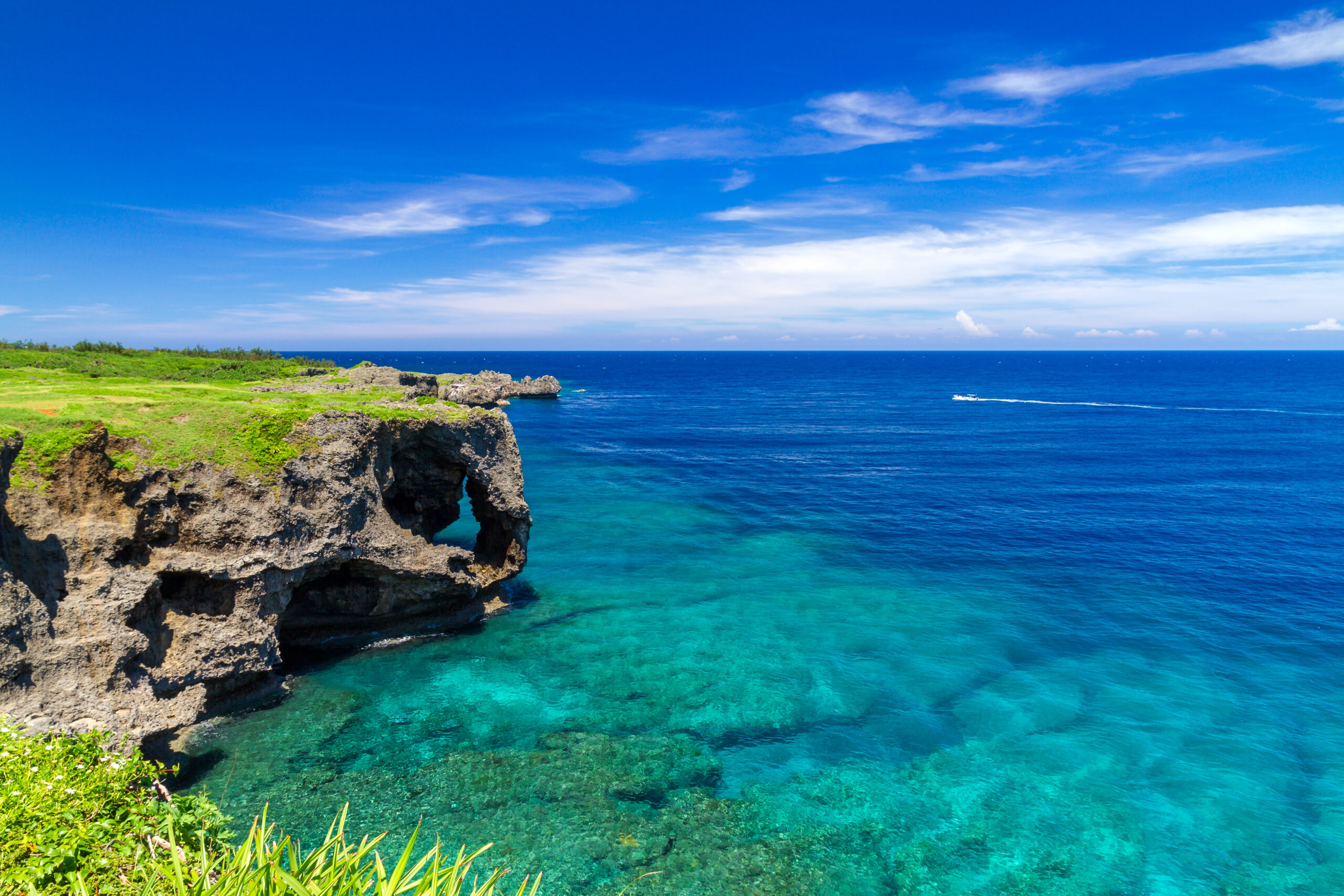 Coastal rocky cliffs with green grass overlooking clear turquoise sea under a bright blue sky that stretches to the horizon.