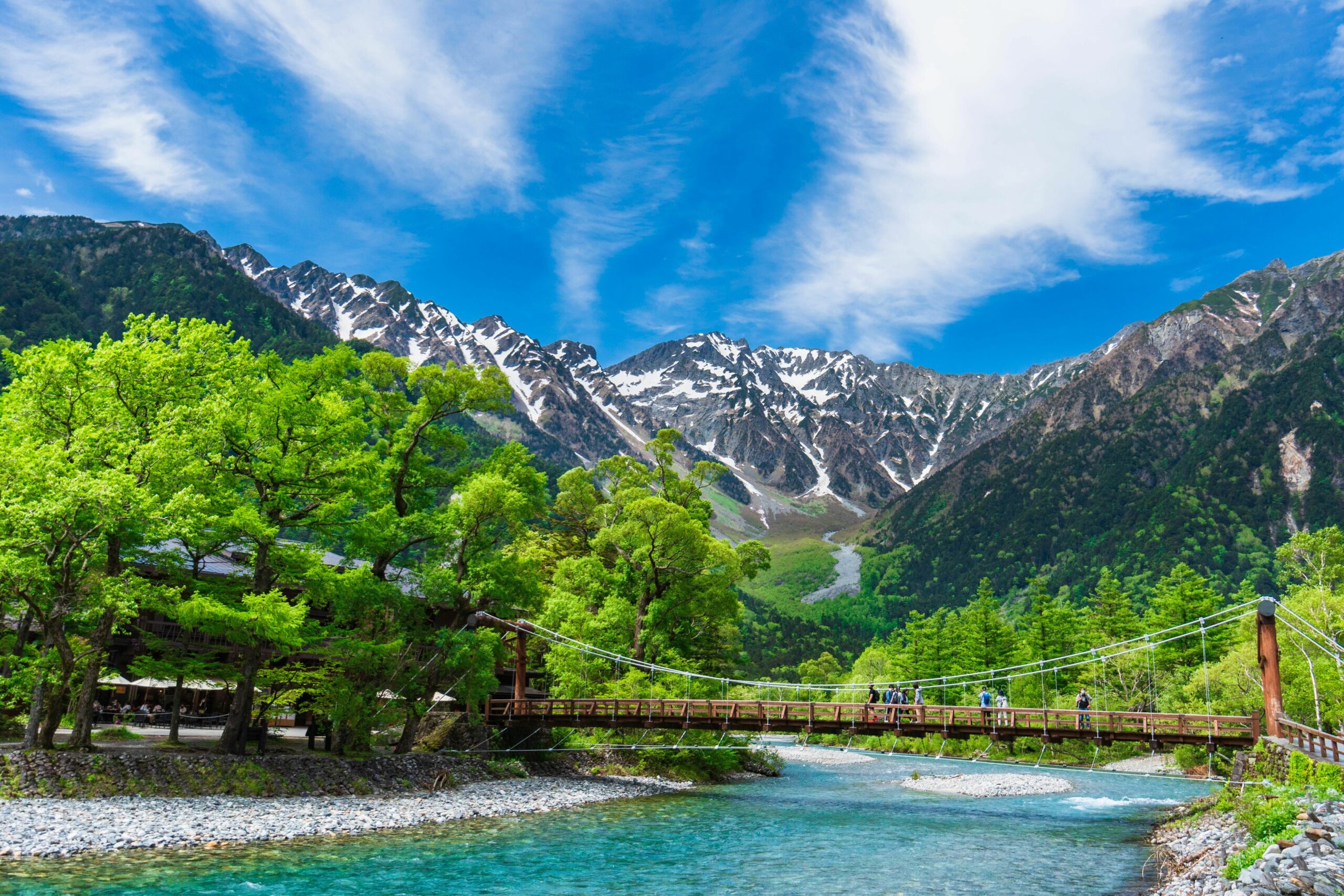 Bridge crossing a turquoise river in a green valley with snow-capped mountains under a blue sky.