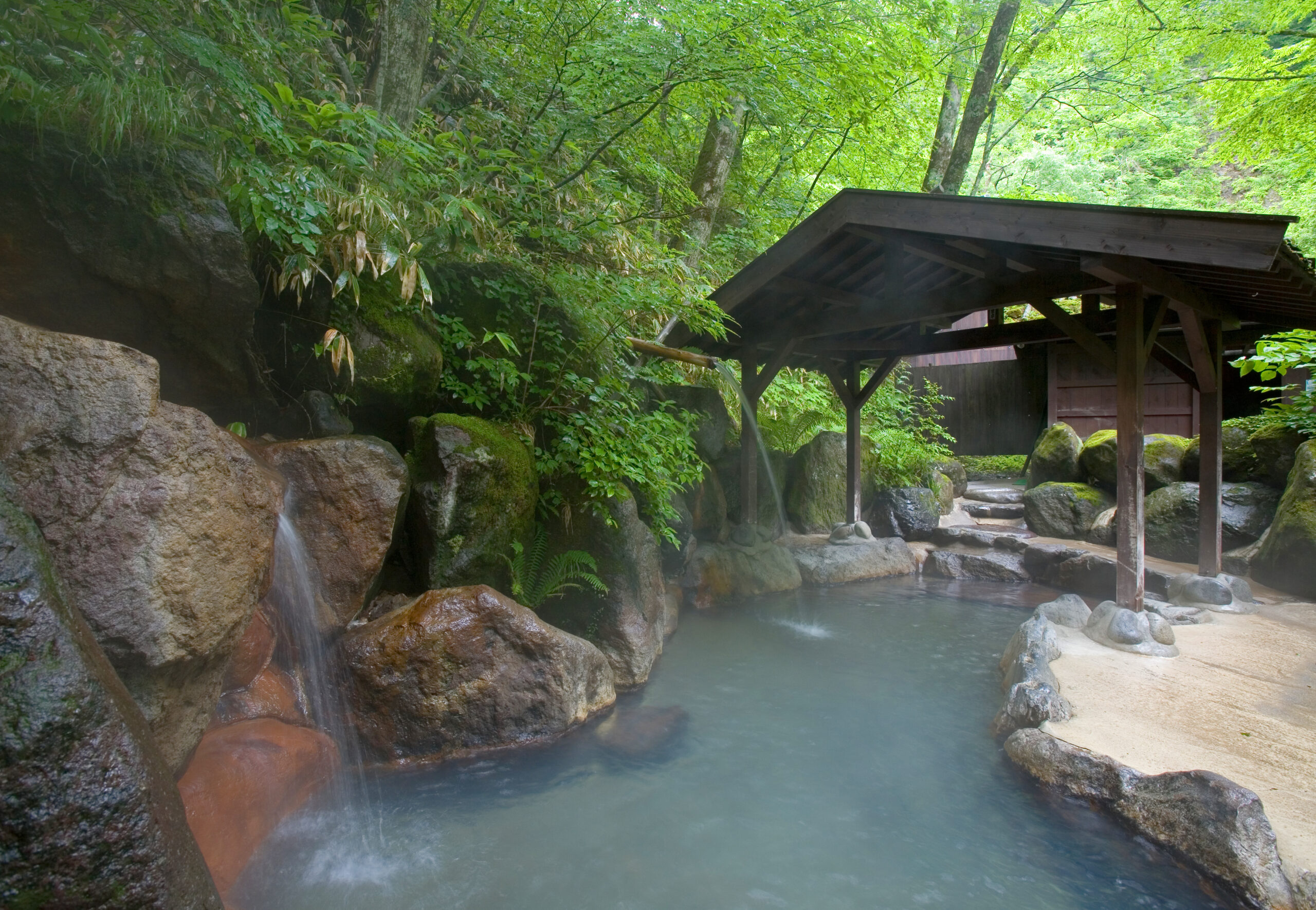 Tranquil outdoor onsen with steaming blue water, large rocks, and a wooden shelter nestled among green trees and ferns.