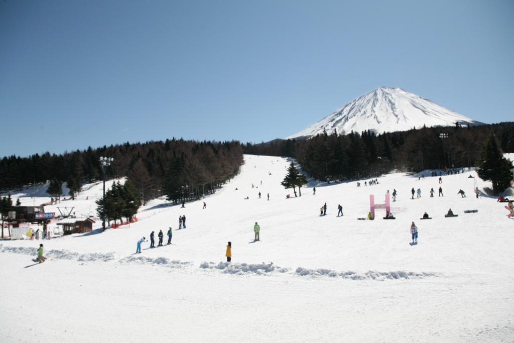 Snowy ski slope with multiple skiers and a snow-covered mountain in the distance under a clear blue sky.