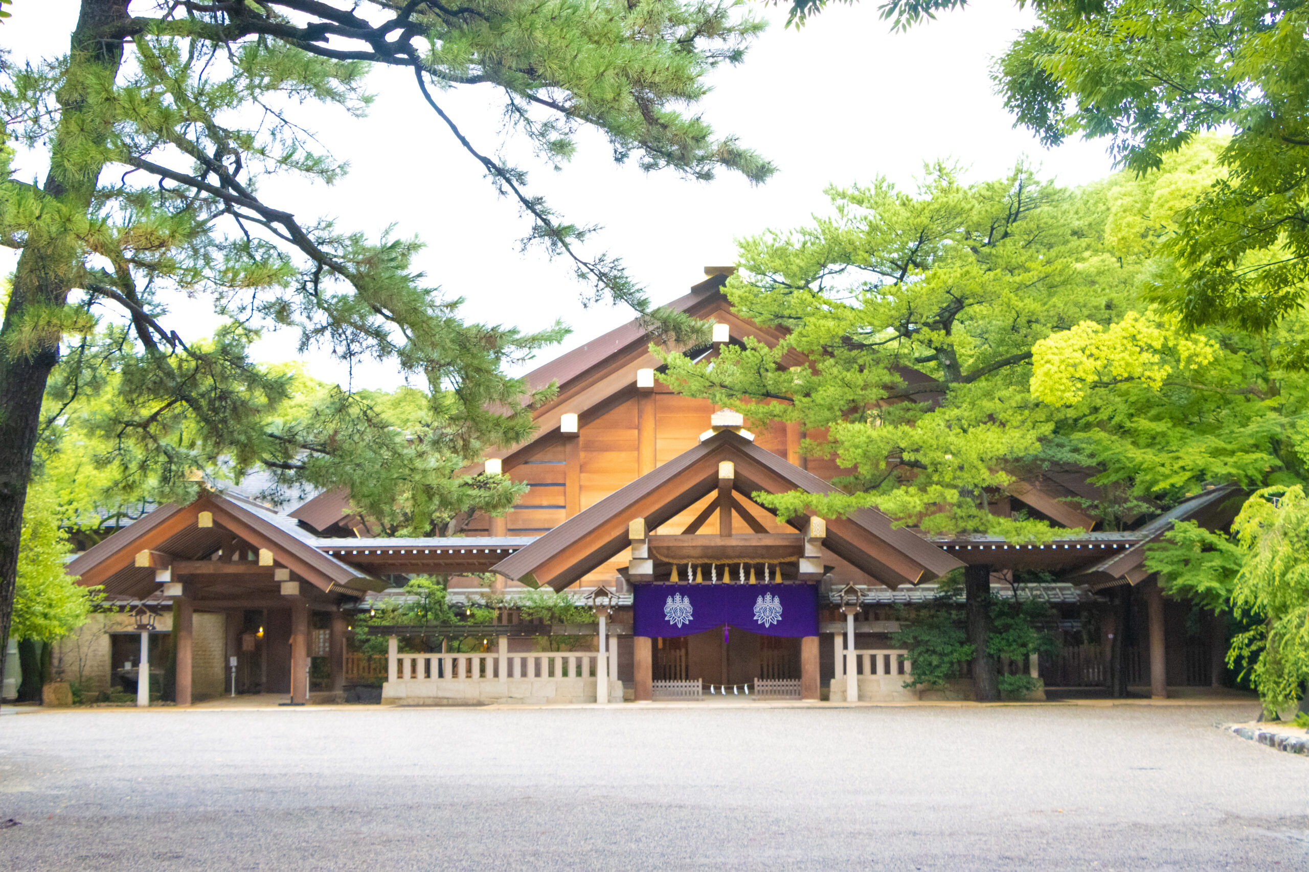 Traditional wooden shrine complex with layered roofs tucked among lush green trees, purple banners hanging at the entrance.