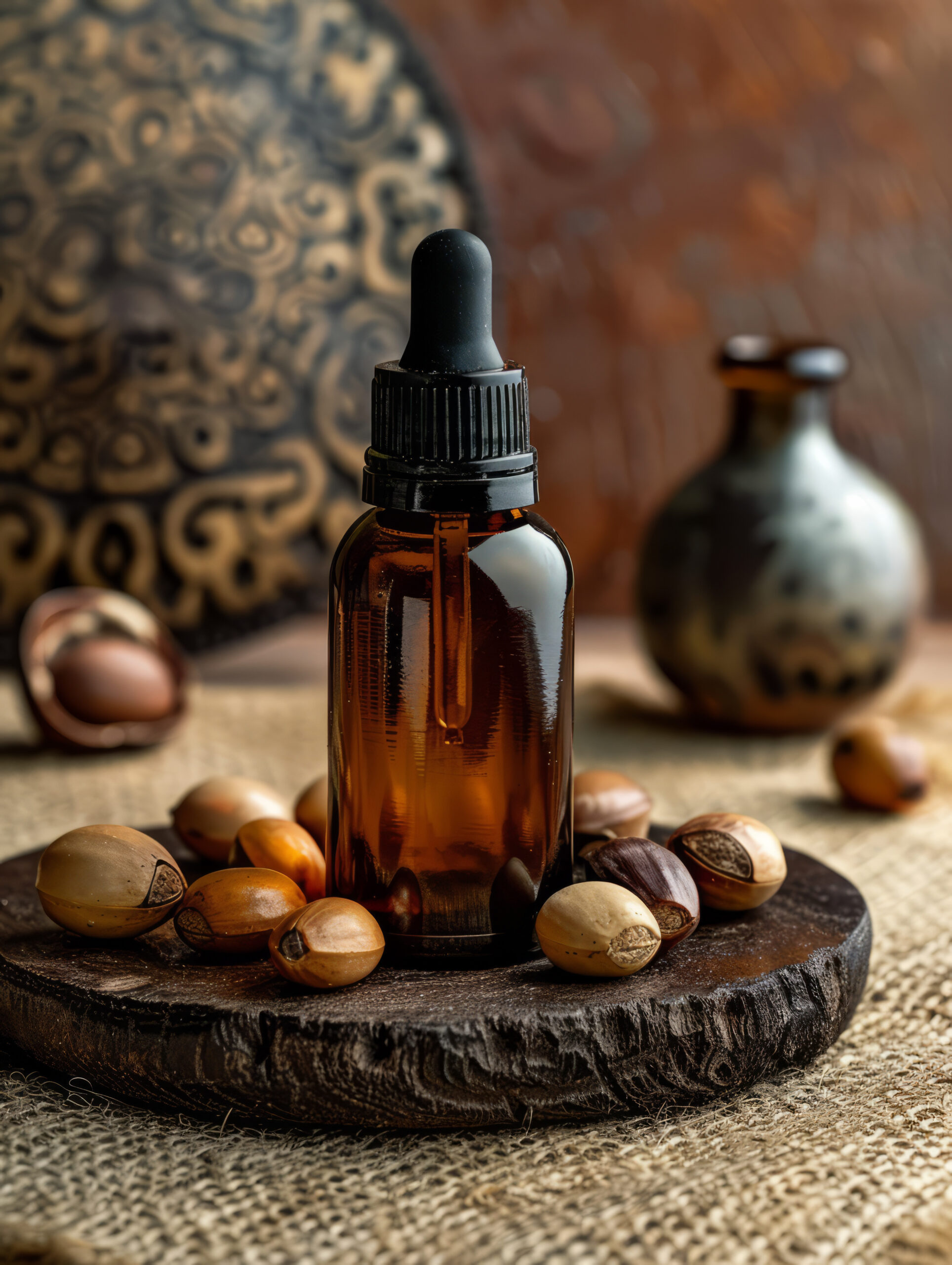 Amber glass dropper bottle centered on a wooden surface, with scattered pecan shells and a blurred bottle in the background.