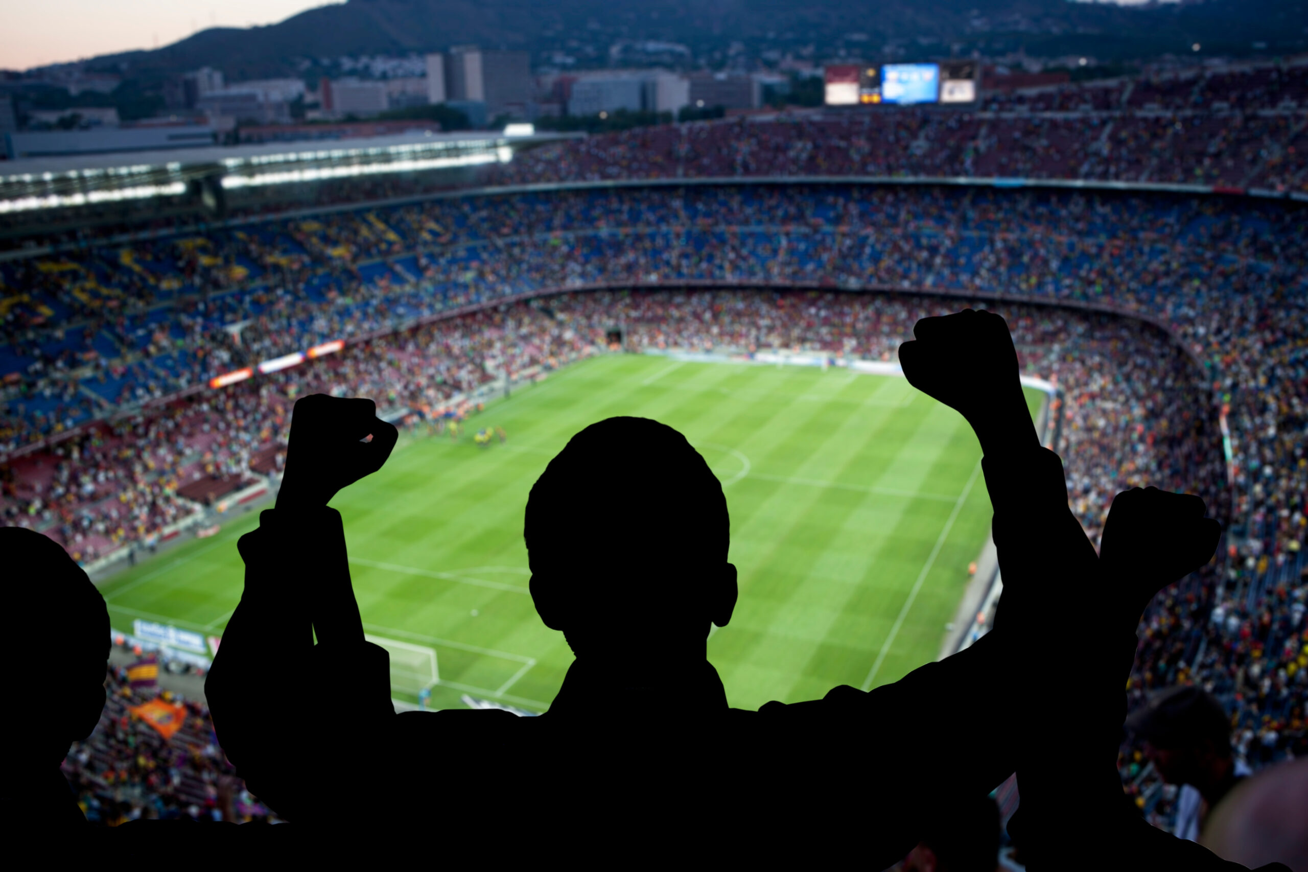 Silhouetted fans with raised fists in the foreground watching a packed football stadium full of cheering spectators below a soccer field.