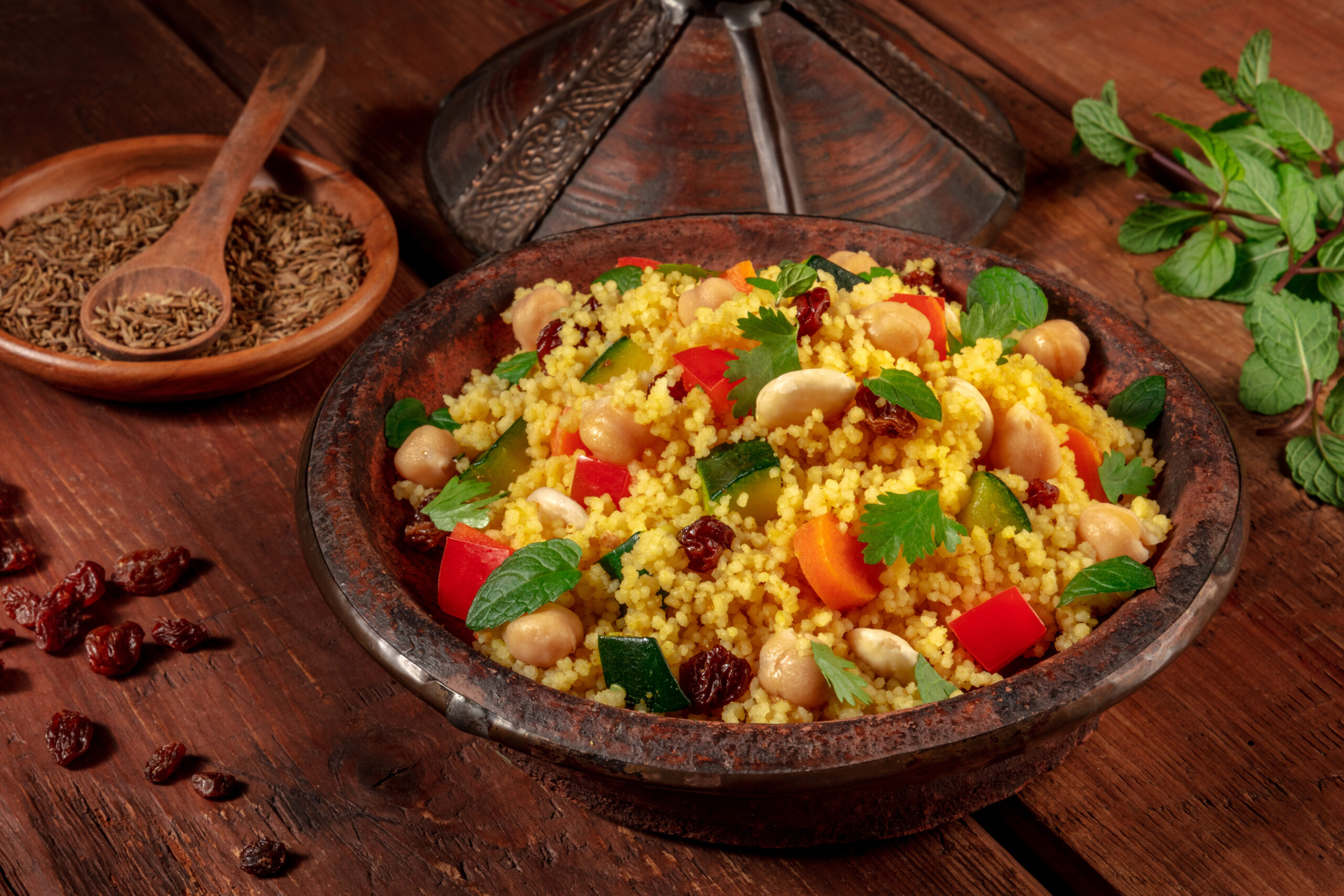 Bowl of couscous with chickpeas, red peppers, zucchini and fresh parsley on a rustic wooden table.