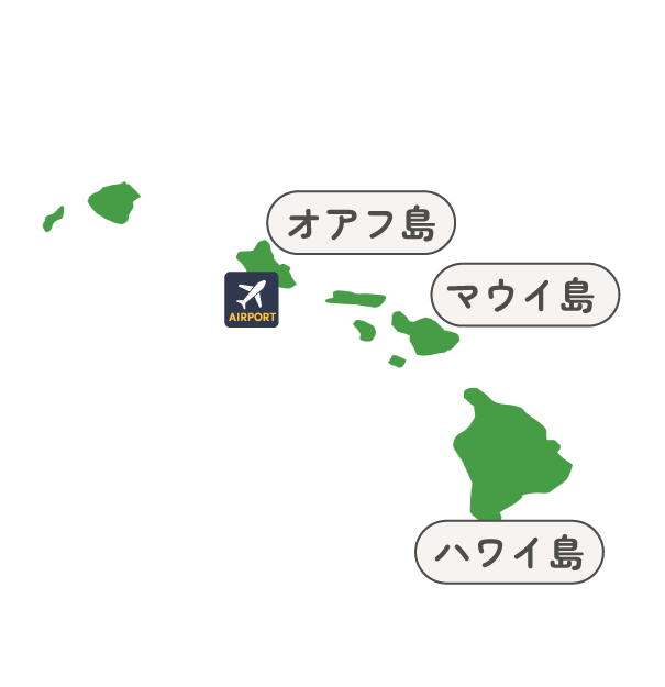 Map of Hawaii showing Oahu, Maui, and the Big Island with an airport icon nearby (air travel context).
