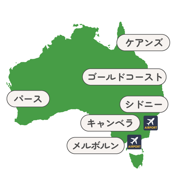 緑色のオーストラリア地図に、日本語でケアンズ、ゴールドコースト、シドニー、キャンベラ、メルボルン、パースと表示された主要都市と、空港アイコン2つが示されています。
