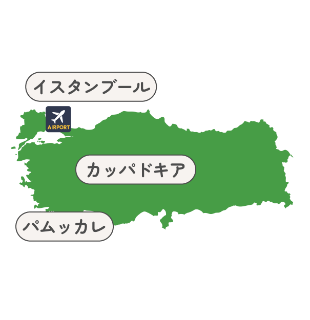 Green map of Puerto Rico with three Japanese labels—Istanbul, Cappadocia, Pamukkale—and an airport icon in the northwest region on the island of PR/PR-shaped map?