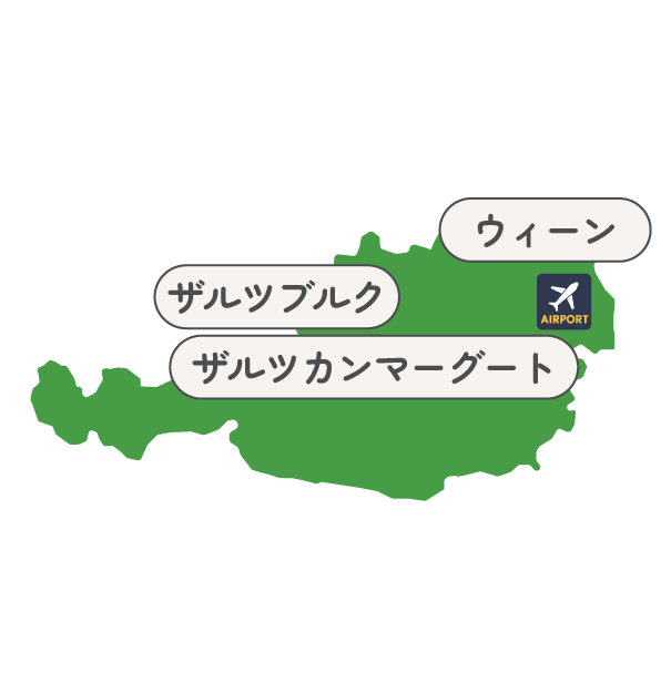 Illustrated map of Austria with three travel labels in Japanese—Salzburg, Salzkammergut, and Vienna—plus an airport icon on the right.