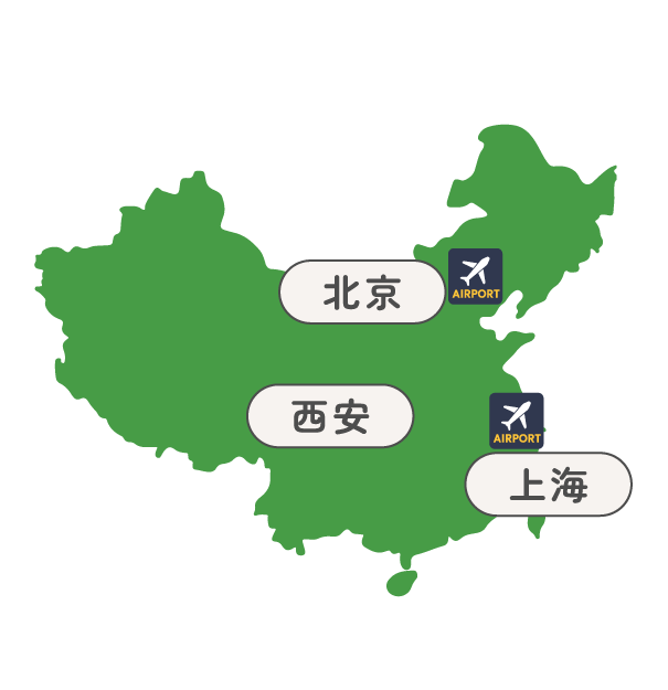 China map highlighting major cities Beijing, Xi'an, and Shanghai with airport icons nearby.