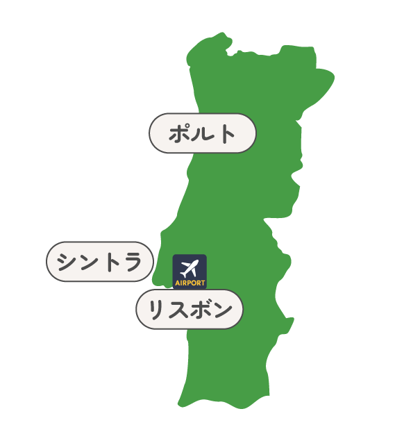 Green silhouette of Portugal with city labels: Porto, Sintra, Lisbon, and an airport icon near Lisbon.