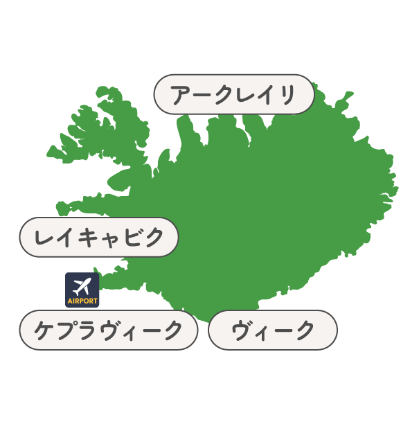 Map of Iceland in green with labels for Akureyri, Reykjavik, Keflavik and Vik, and an airport icon near Keflavik.