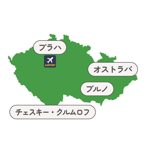 Green map of the Czech Republic with Japanese labels for Prague (near an airport icon), Ostrava, Brno, and Český Krumlov.