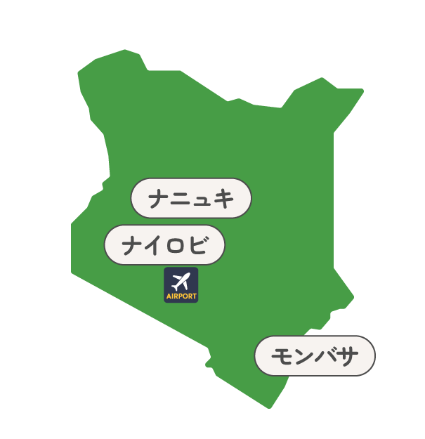 Map of Kenya with city labels Nanyuki, Nairobi, and Mombasa, plus an airport icon.