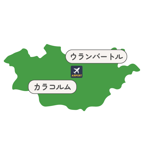Green map of Mongolia with two speech-bubble labels—Ulaanbaatar and Karakorum—and an airport icon between them.