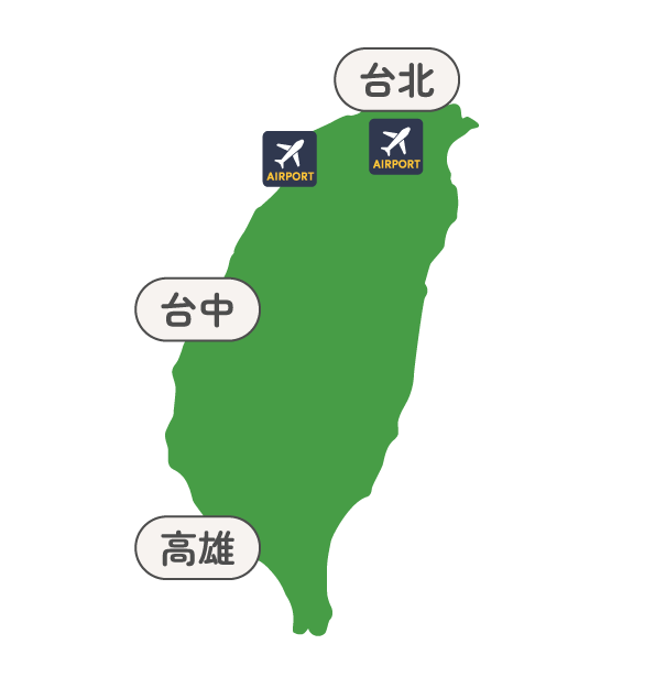 Green map of Taiwan with city labels 台北, 台中, 高雄 and two airport icons at the top (north)