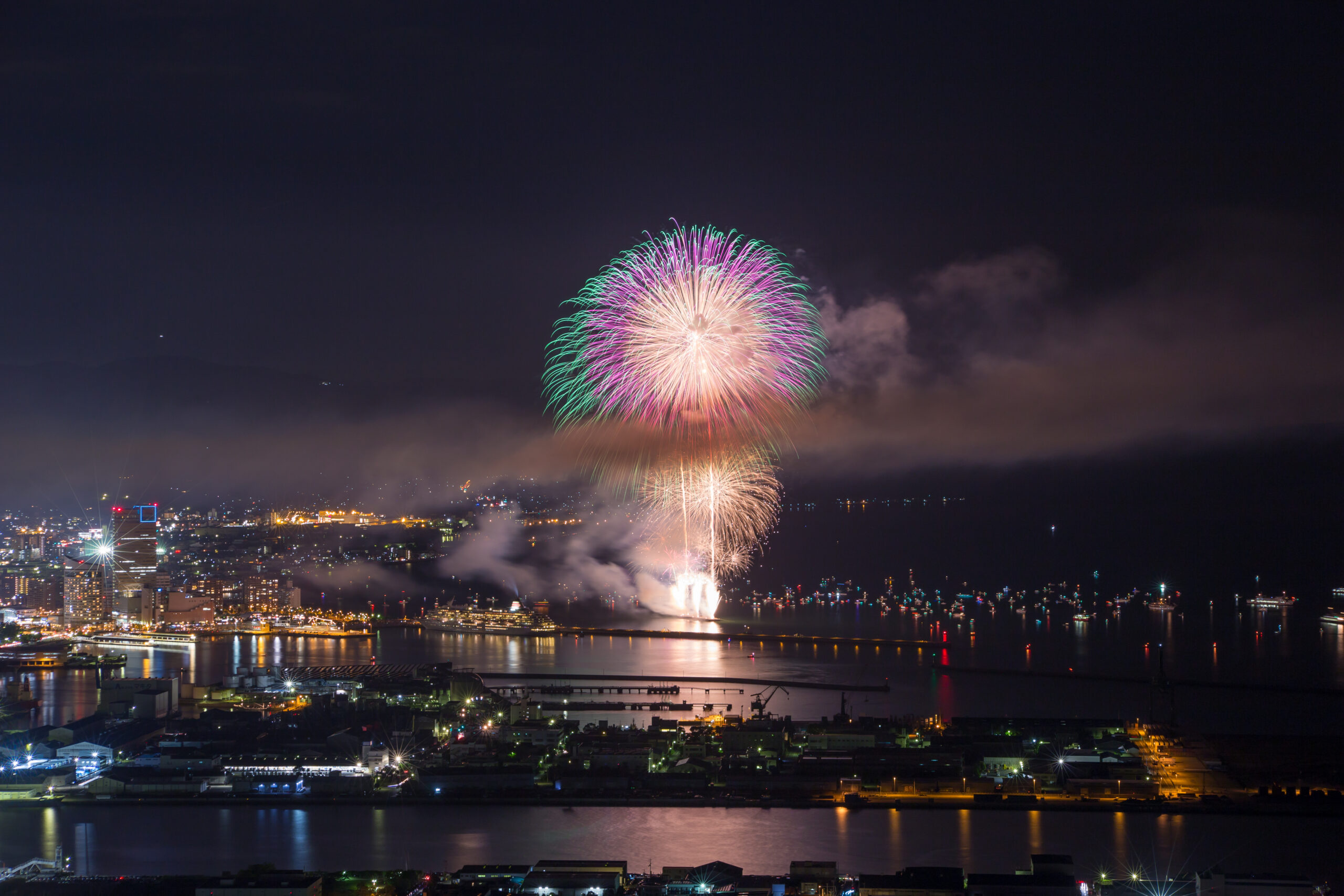 Nighttime cityscape with a large colorful fireworks burst over the harbor, lighting the water below.