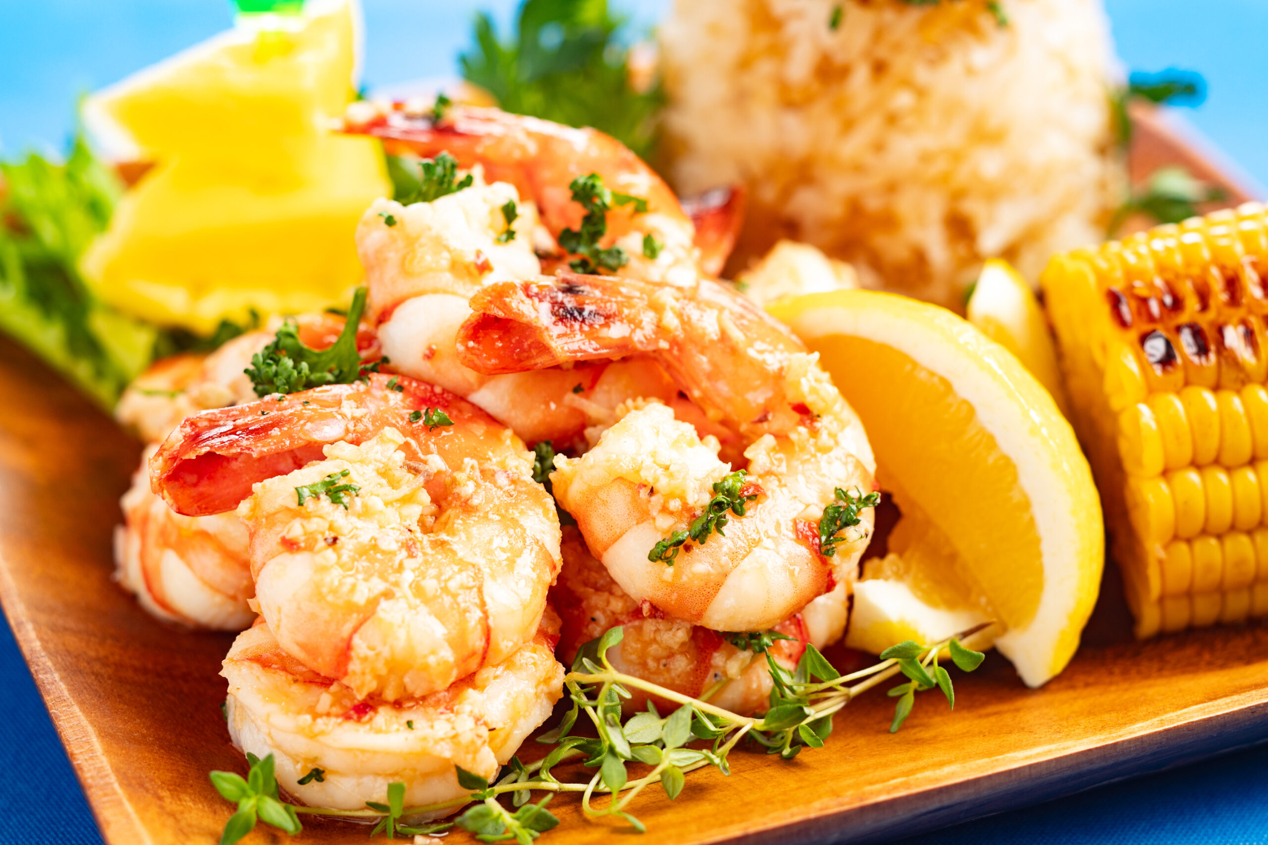 Shrimp pieces with garlic butter and parsley on a wooden platter, with a lemon wedge and grilled corn in the background.