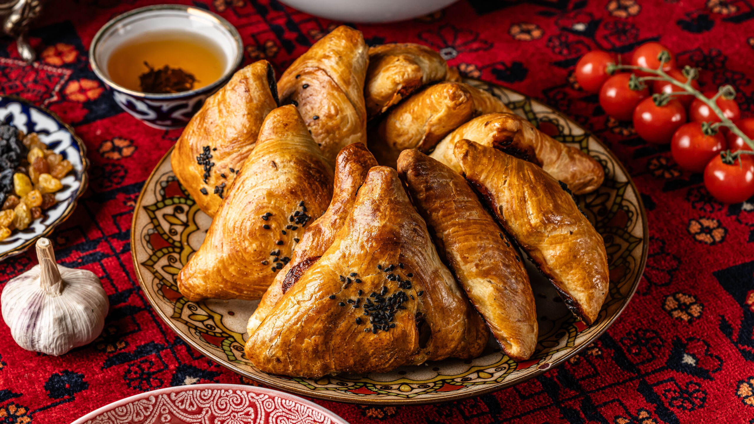 Pile of flaky, golden croissants sprinkled with black sesame seeds on a decorative plate, set on a red patterned tablecloth.