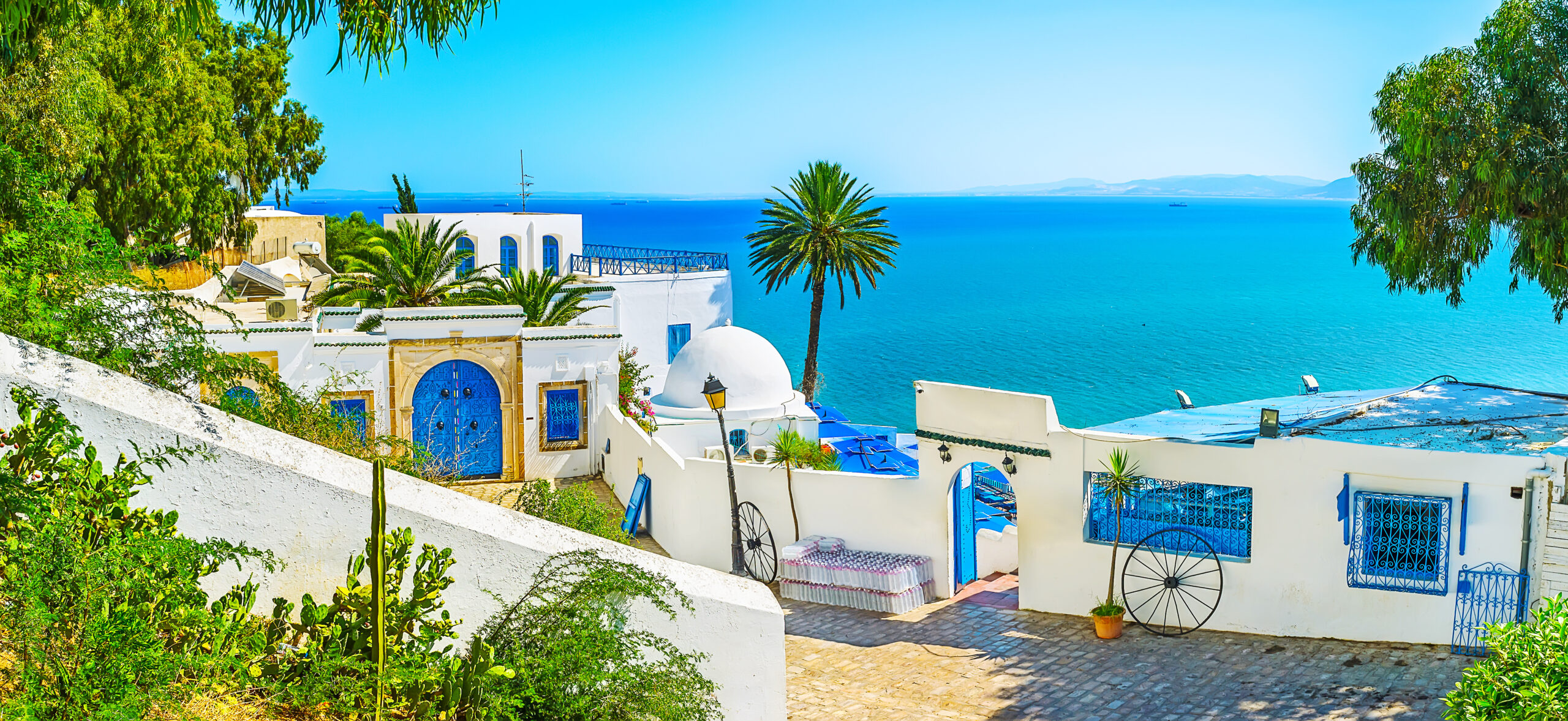 White-washed Mediterranean village by the sea with blue doors and windows, palm trees, and a turquoise coastline.