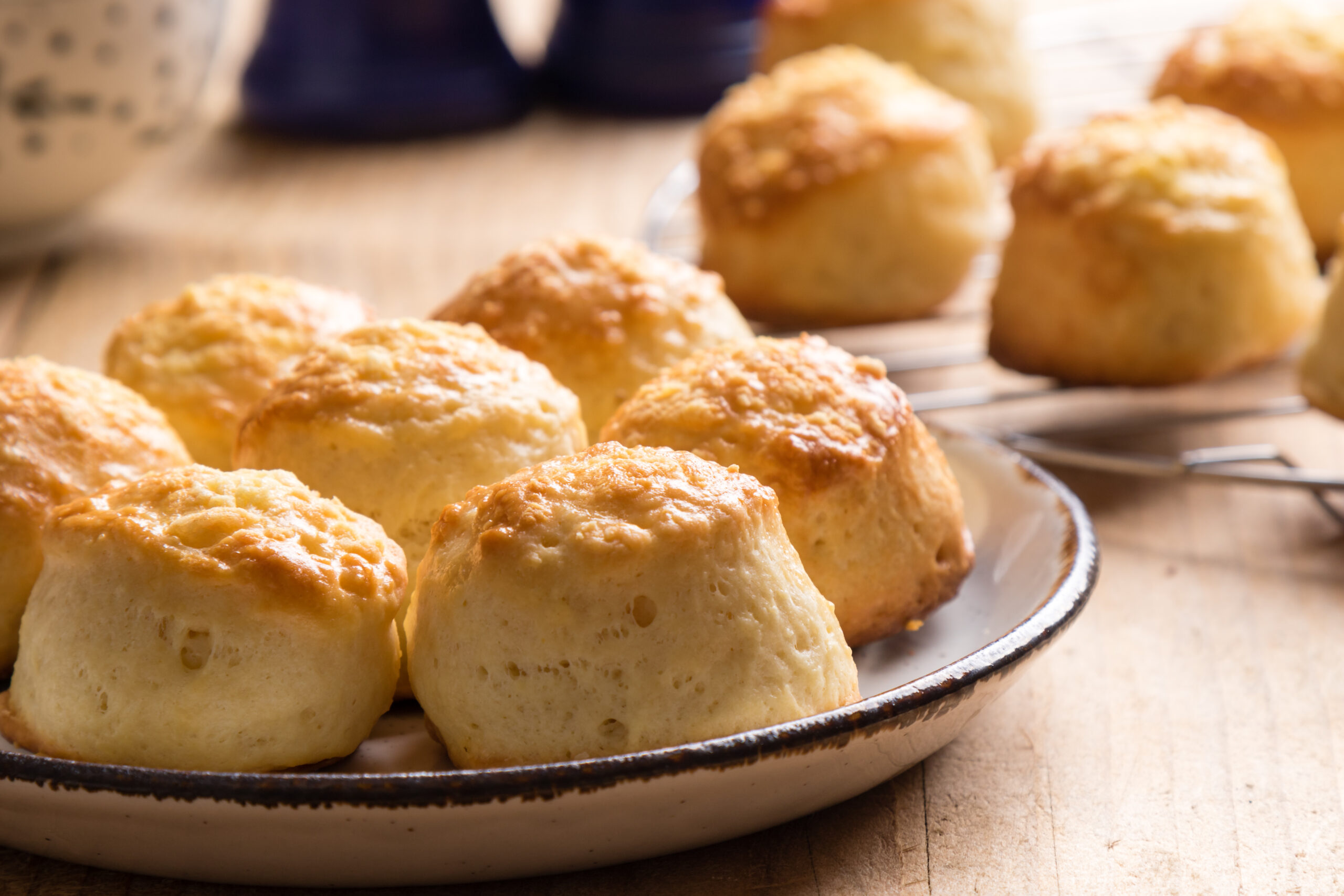 Freshly baked golden biscuits on a white plate set on a wooden table, steam-soft and flaky.
