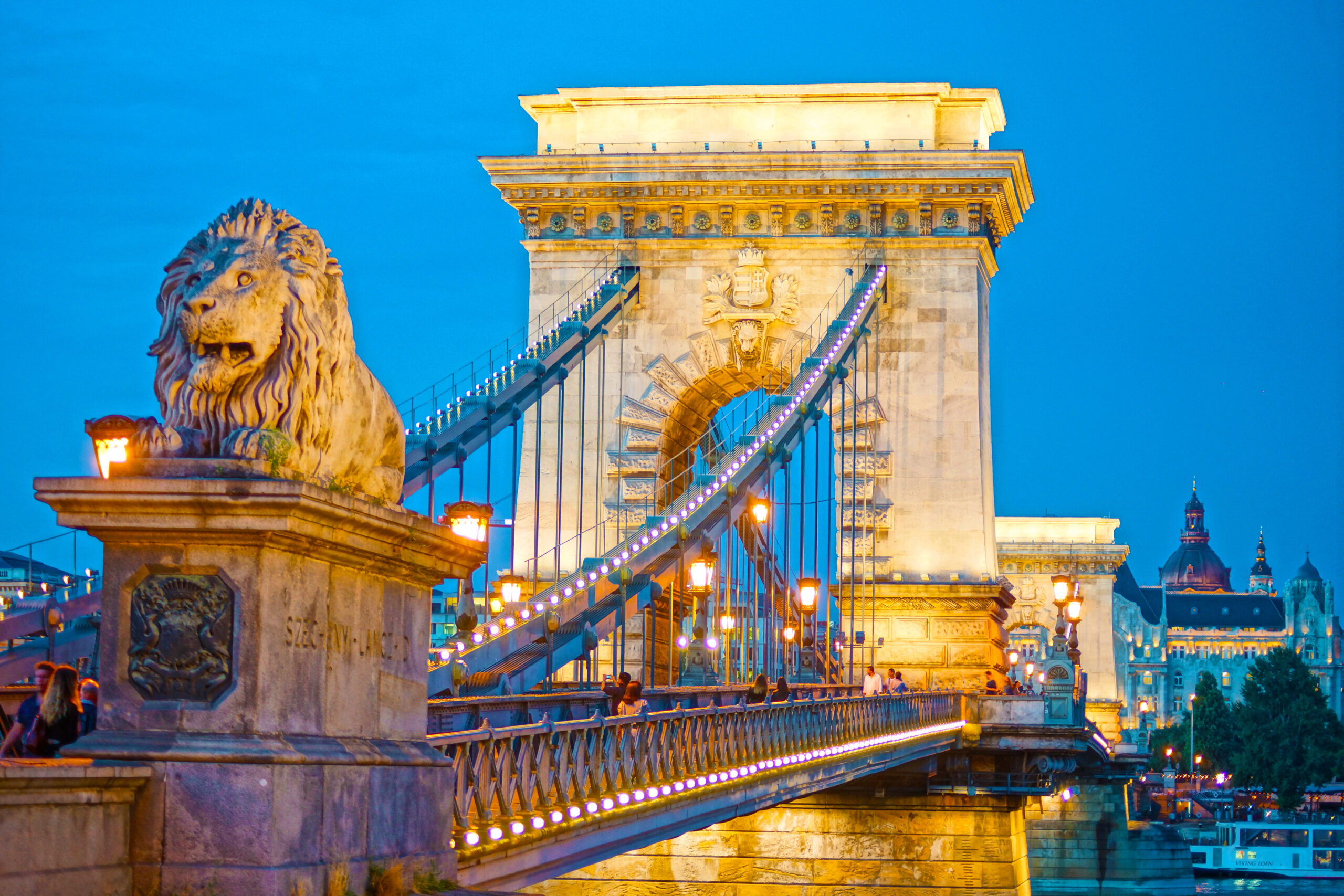 Budapest Chain Bridge at twilight with a stone lion statue in the foreground and illuminated suspension cables.