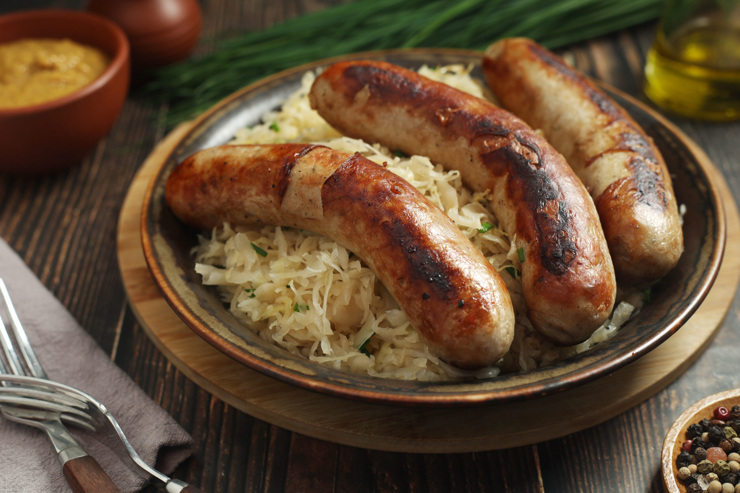 Sausages resting on a bed of sauerkraut in a brown ceramic dish on a wooden table, garnished with herbs.