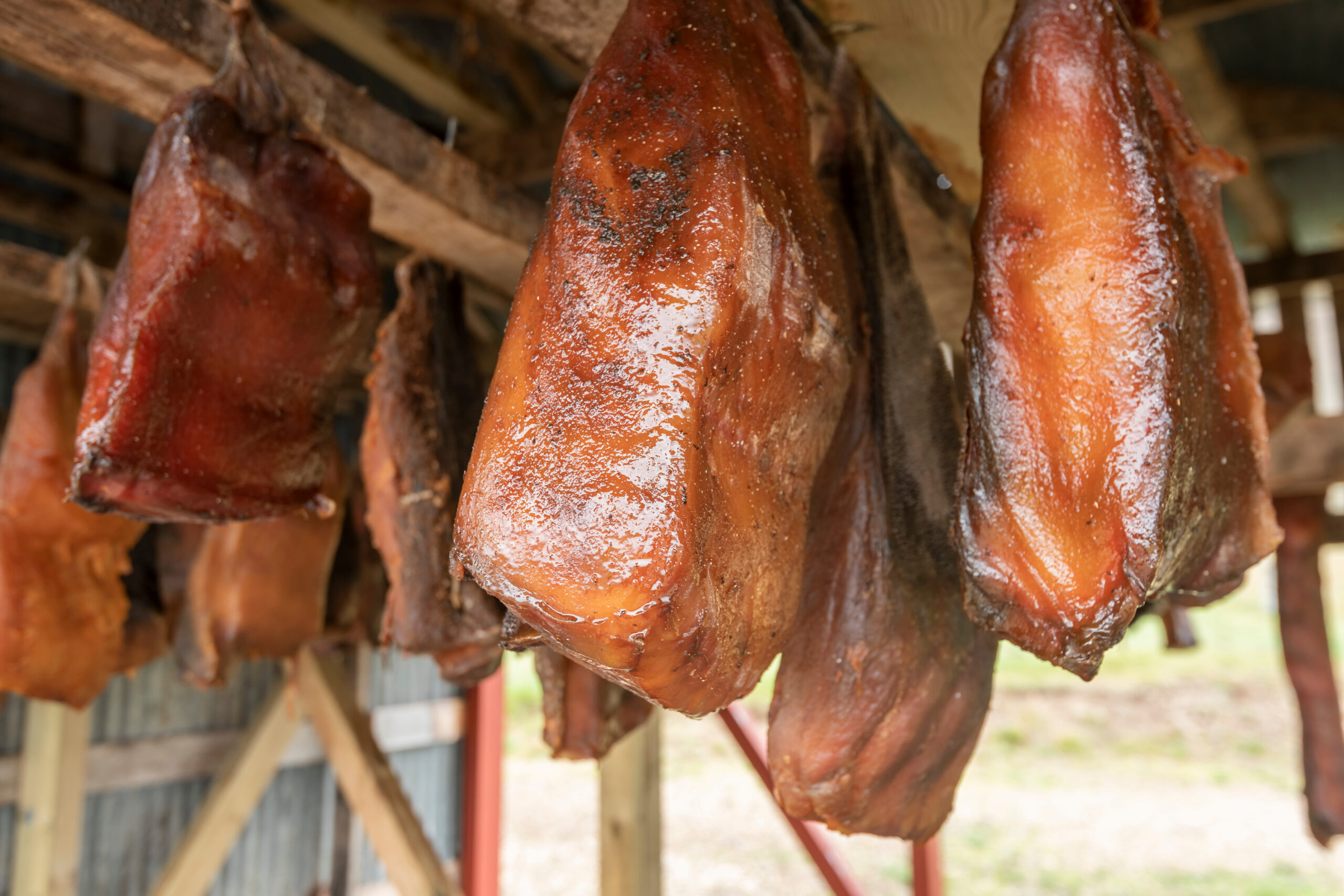 Cured ham legs hanging on hooks in a smokehouse, drying in a rustic shed.