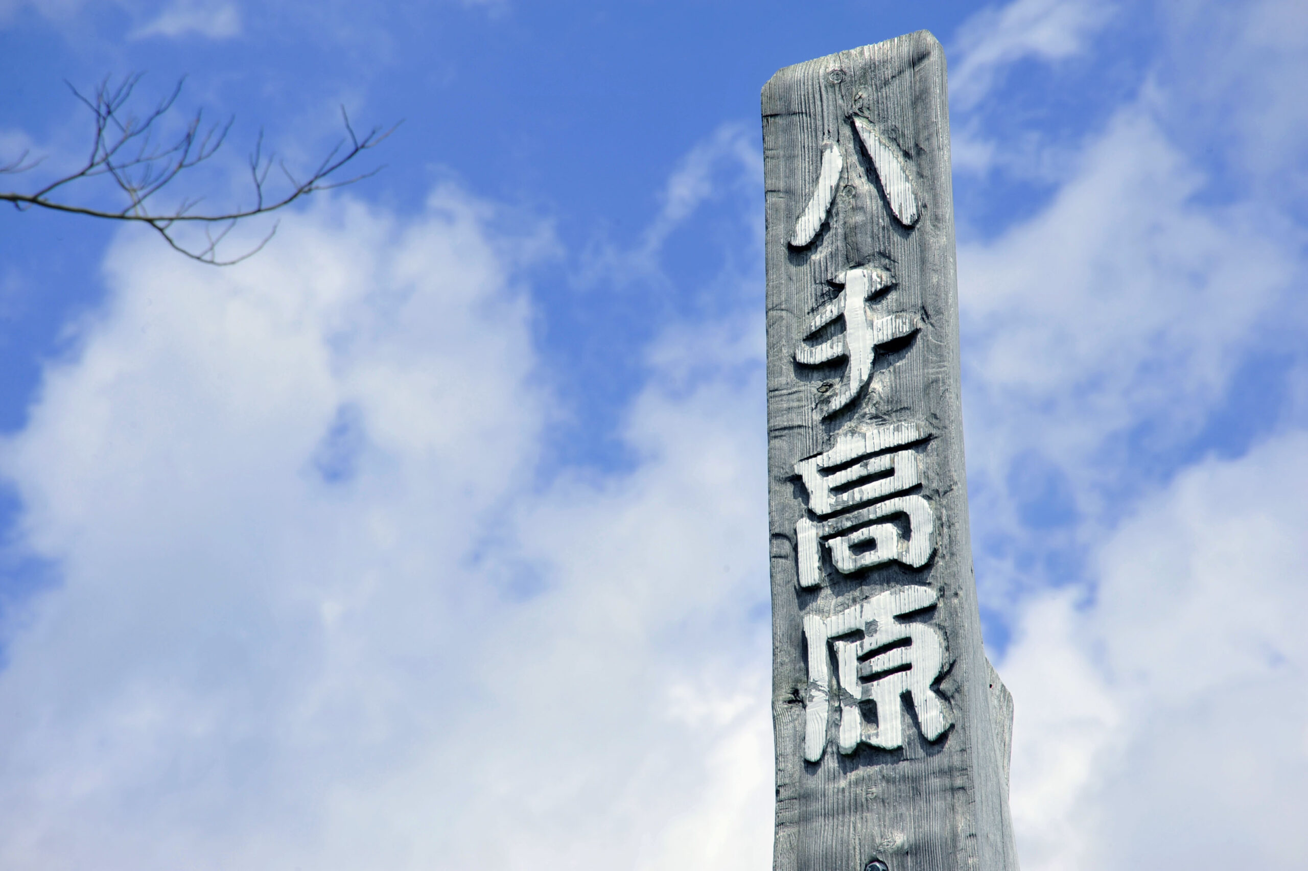 Weathered wooden signpost with carved pale lettering against a bright blue, partly cloudy sky.