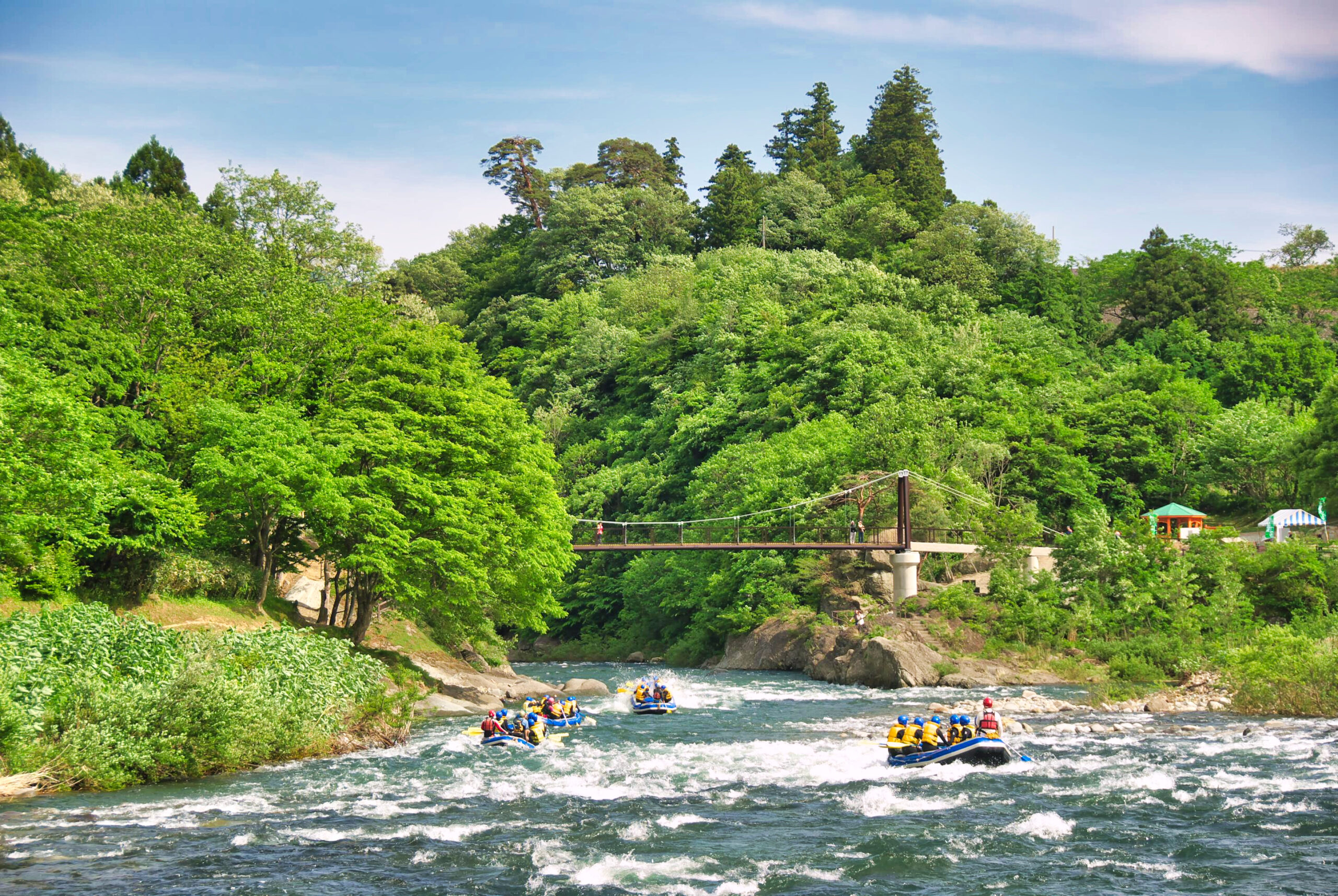 Rafting group in bright life jackets paddling a rapids river with lush green trees and a small bridge above them.
