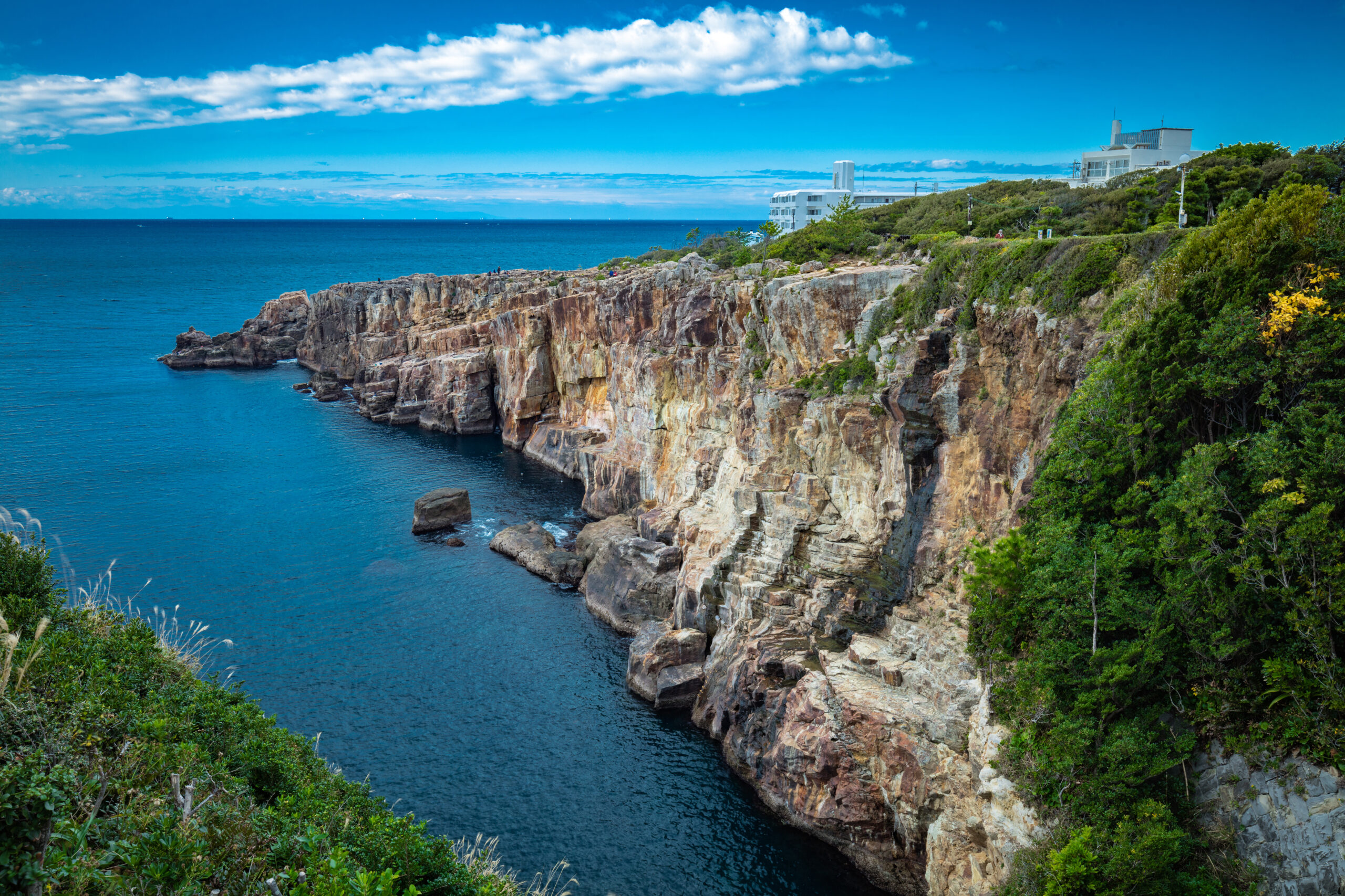 Cliffside coastline with rocky cliffs, deep blue water, and green vegetation; white buildings sit on a hill in the background.
