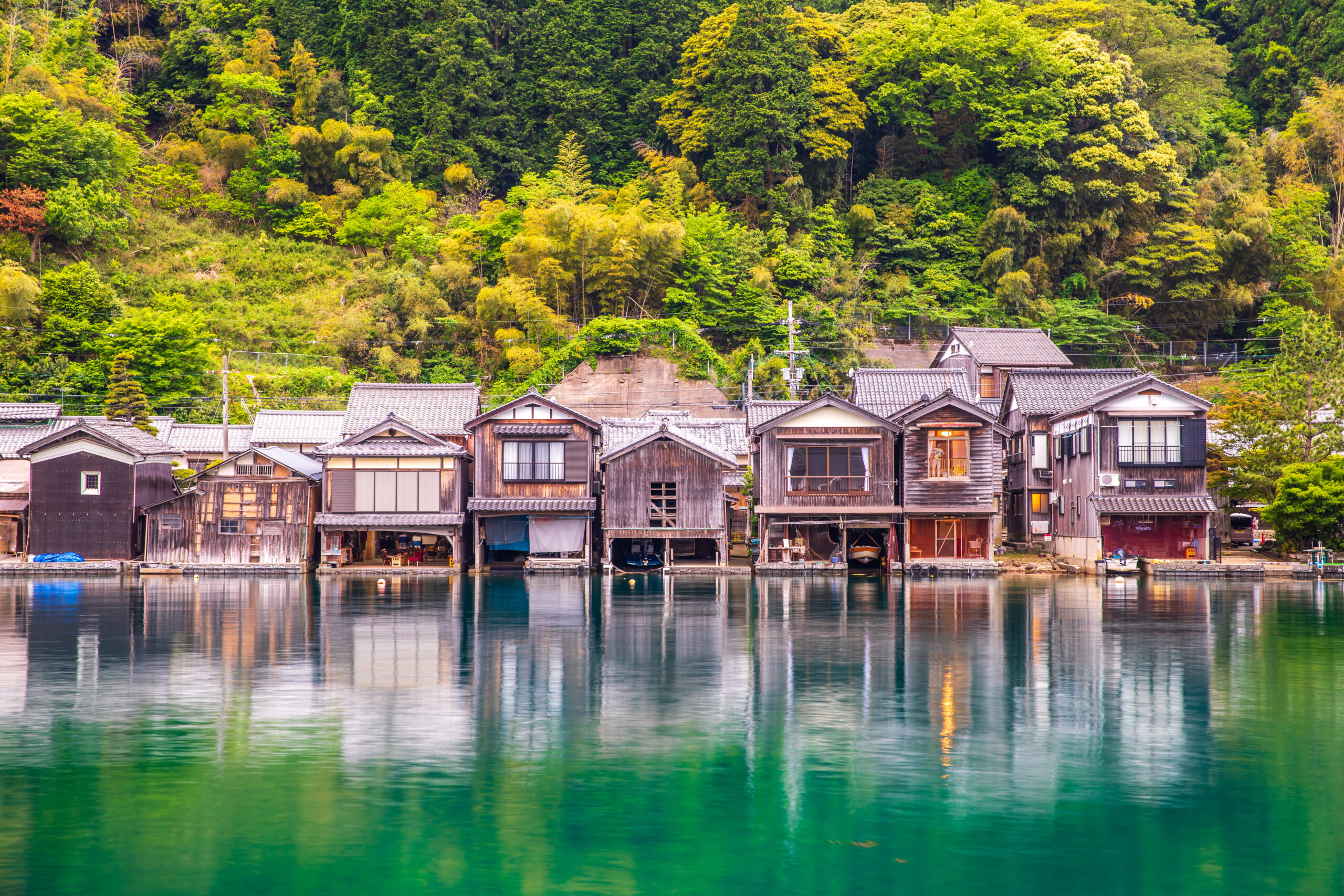 Rows of wooden houses along a calm harbor with a green forested hill in the background