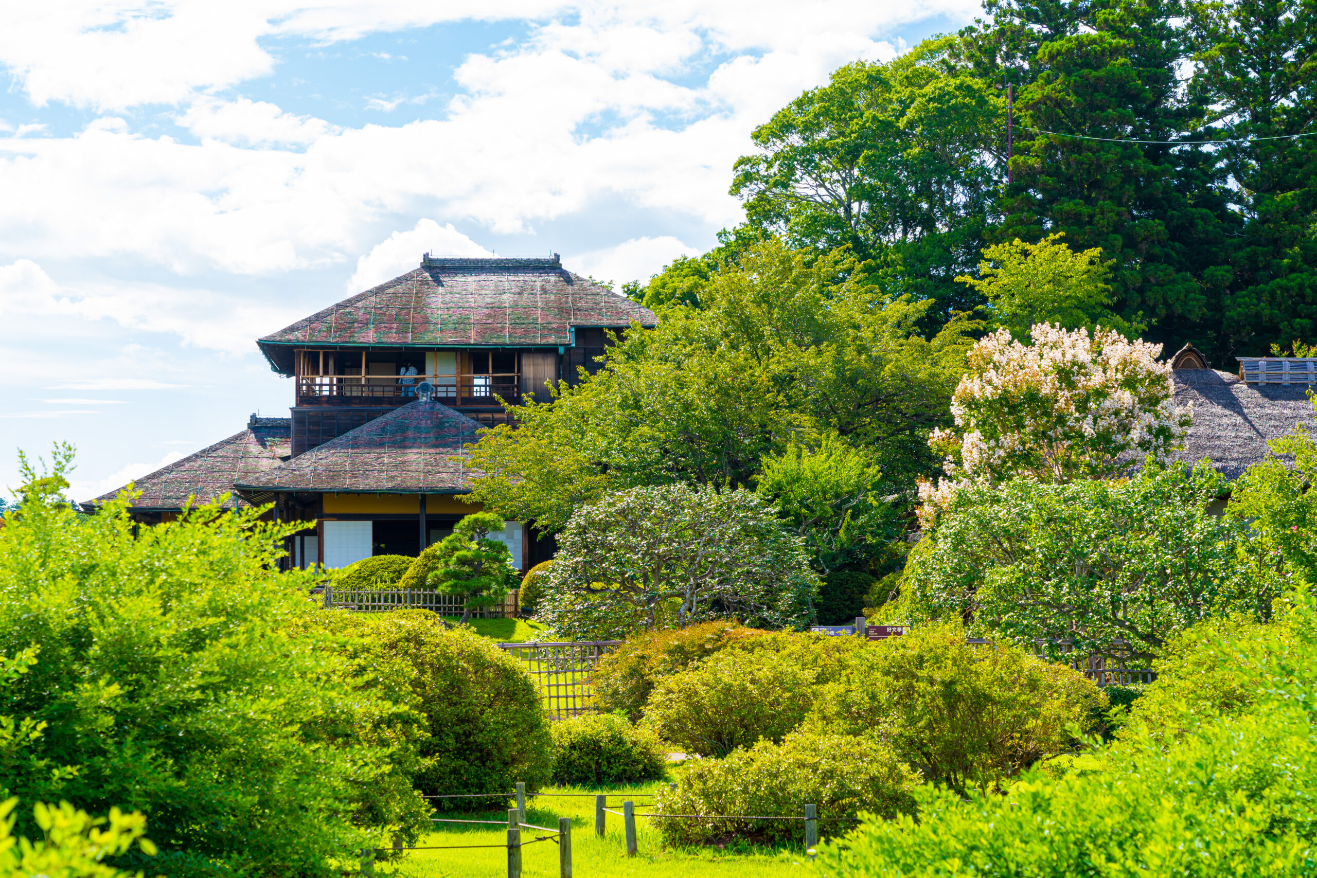 Traditional wooden Japanese house with tiled roof nestled in a lush garden and blooming trees under a blue sky.