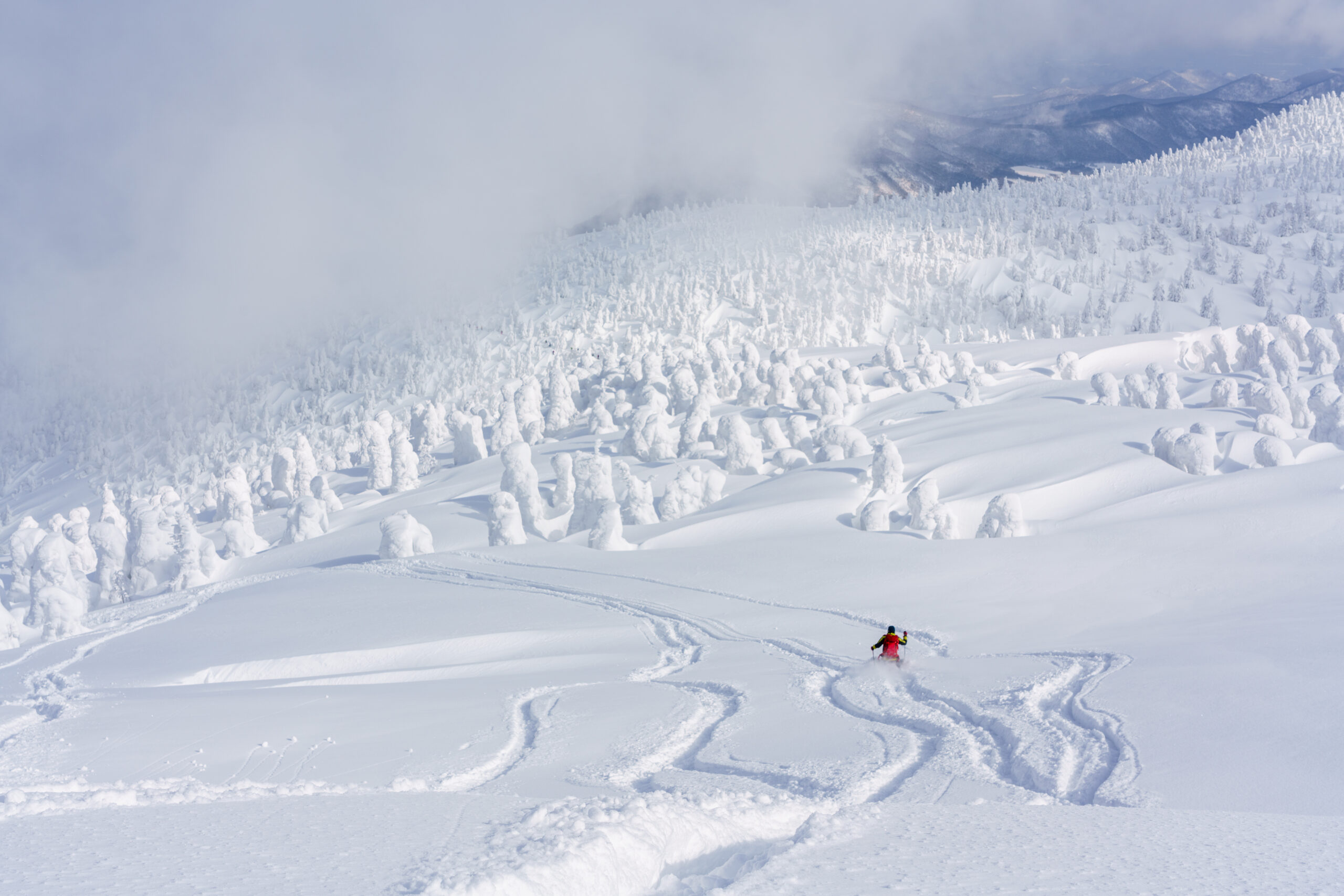 Snow-covered mountains with snow-blanketed trees and a skier in a red jacket near the bottom right, amid light fog on the left.