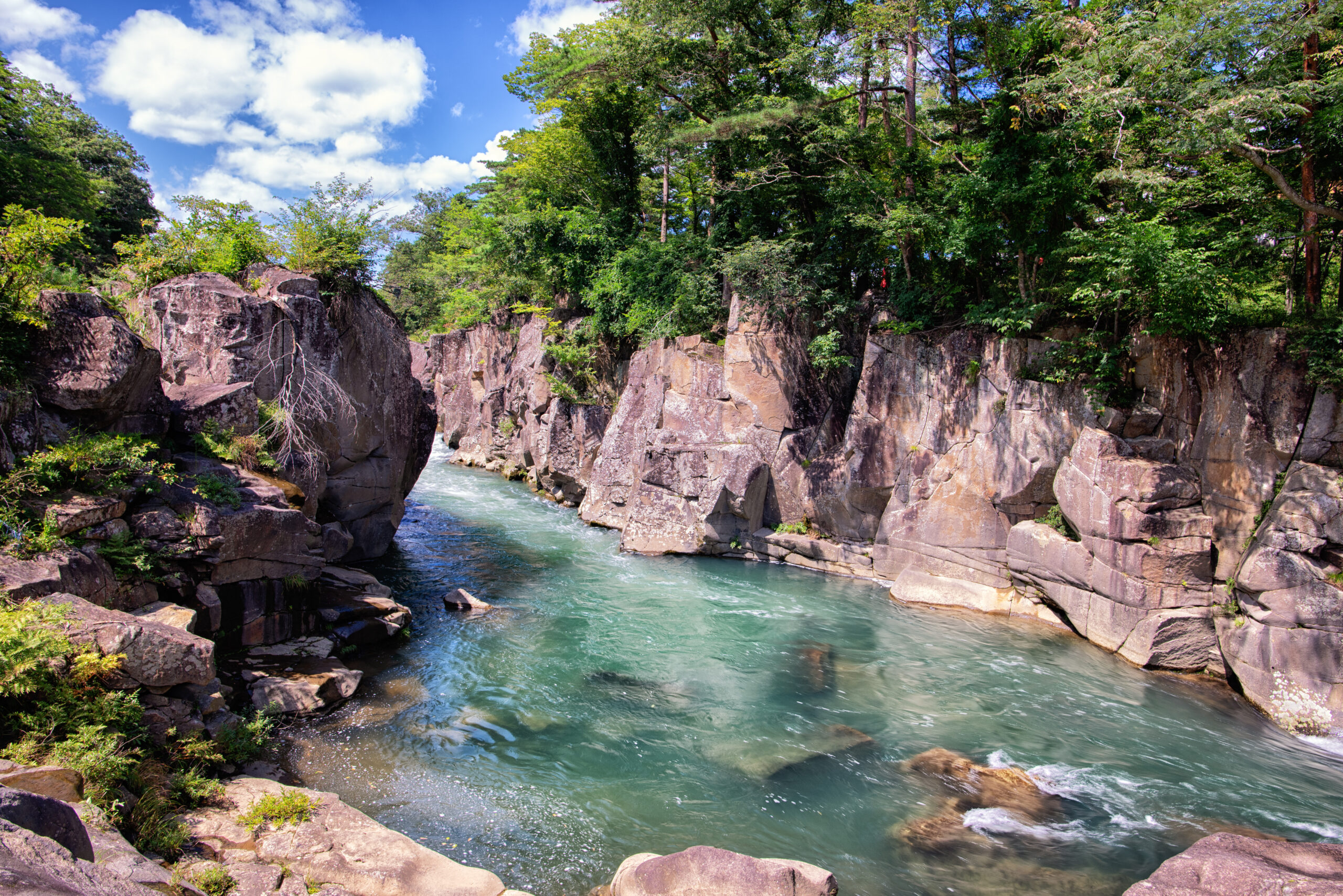 Rocky gorge with a turquoise river winding between large boulders and green forest along the banks under a blue sky.