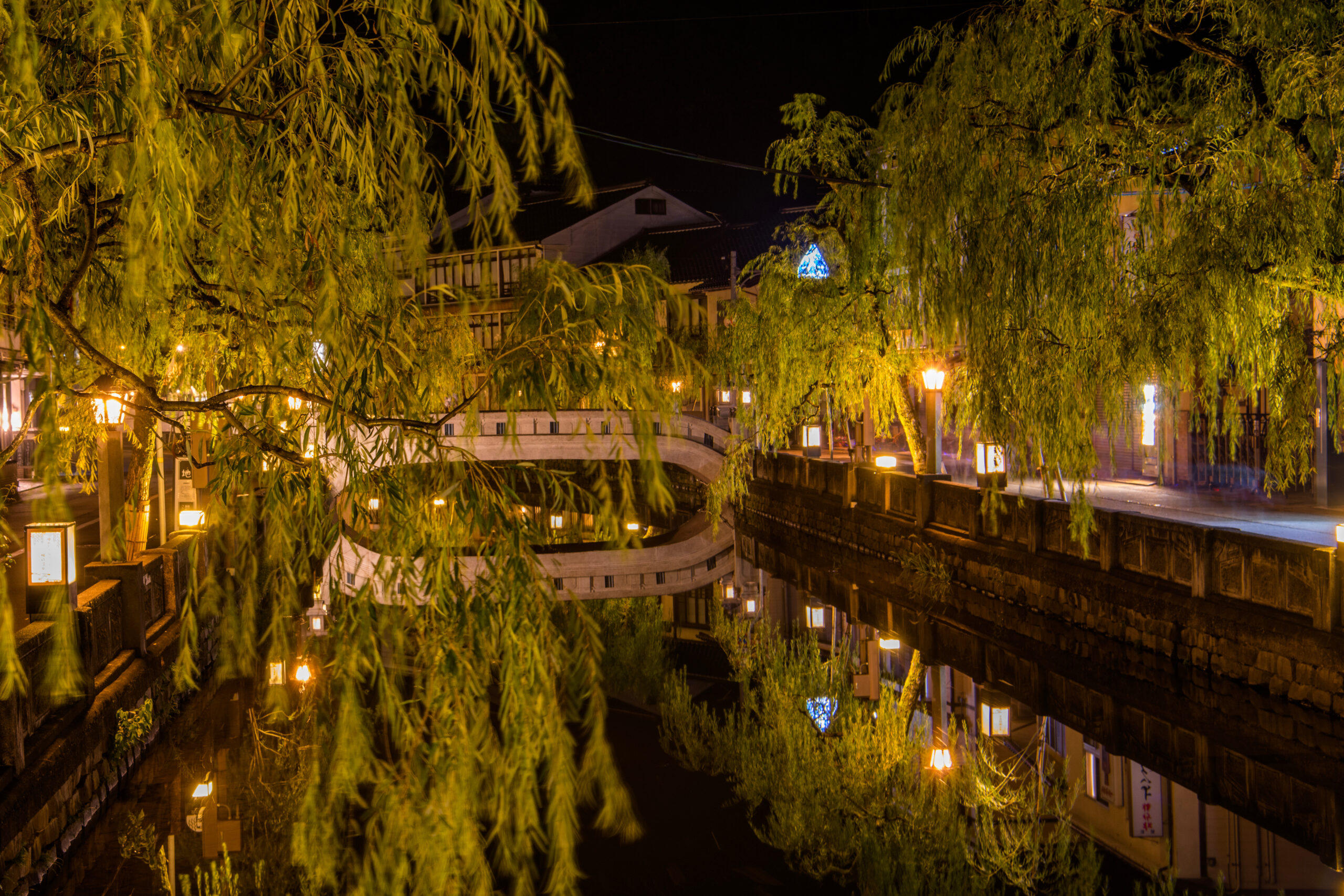 Nighttime street scene along a canal with warm lanterns and drooping willow-like branches framing buildings in the glow of night.