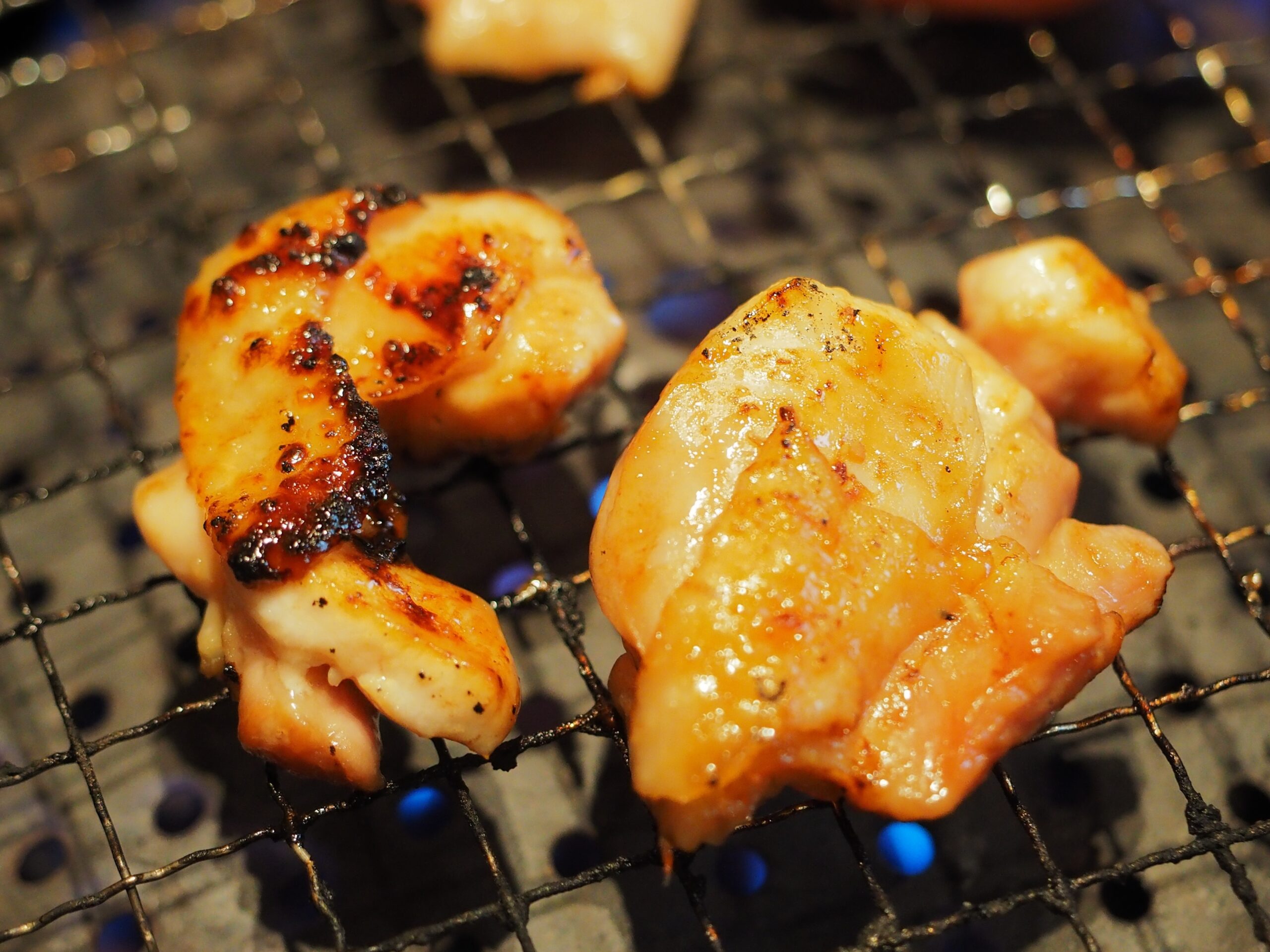 Grilled chicken pieces with charred edges on a wire barbecue grill over glowing coals