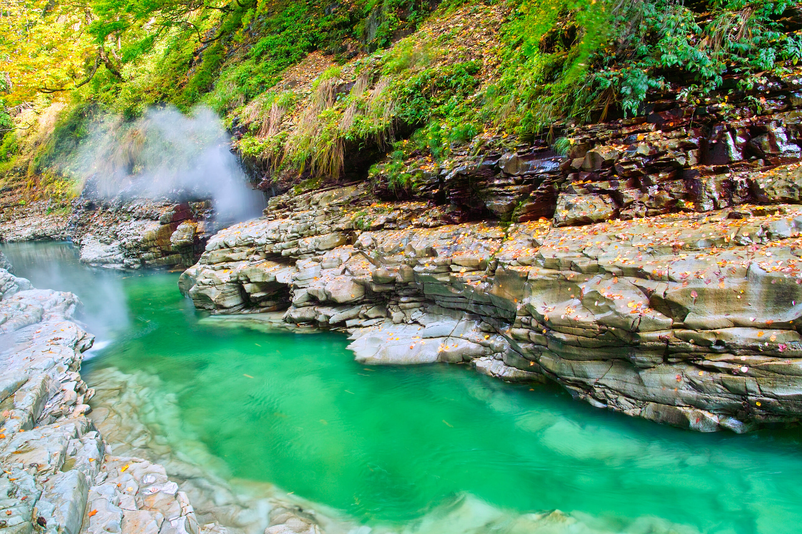 A rocky cliff with green pool below and a small misty waterfall on the left, surrounded by lush foliage and autumn leaves.