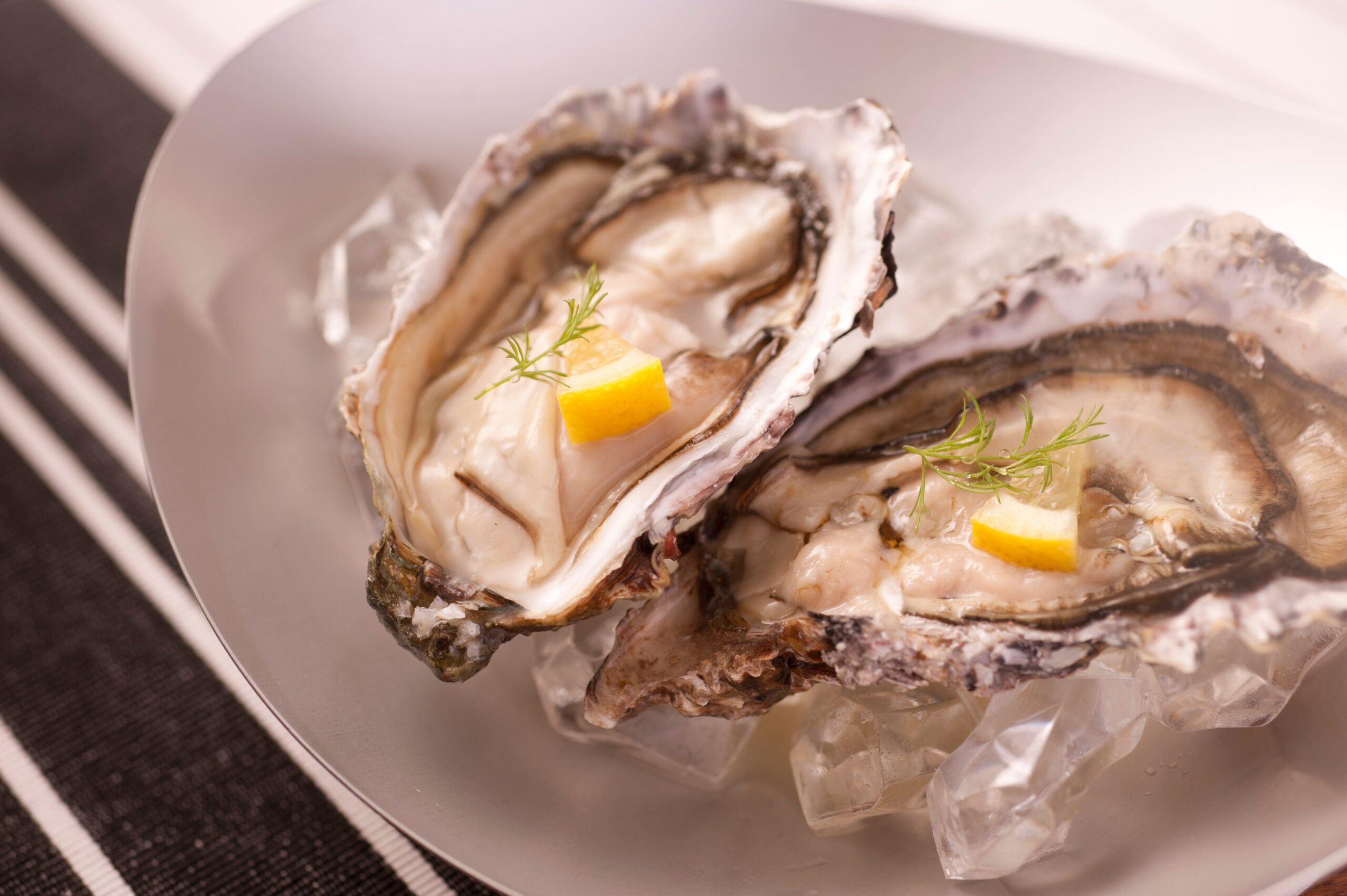 Oysters on the half shell served on ice with lemon wedges and dill garnish on a plate.