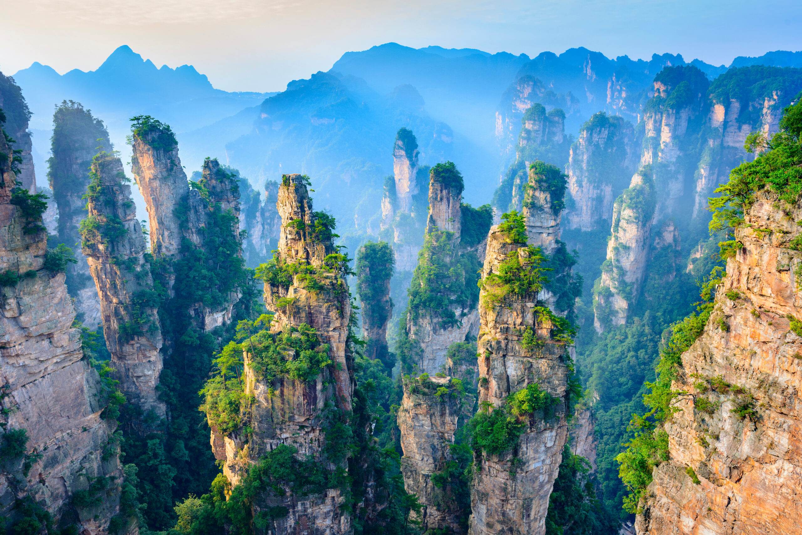 Tall, column-like rock pillars with green trees rising through mist in a canyon landscape.