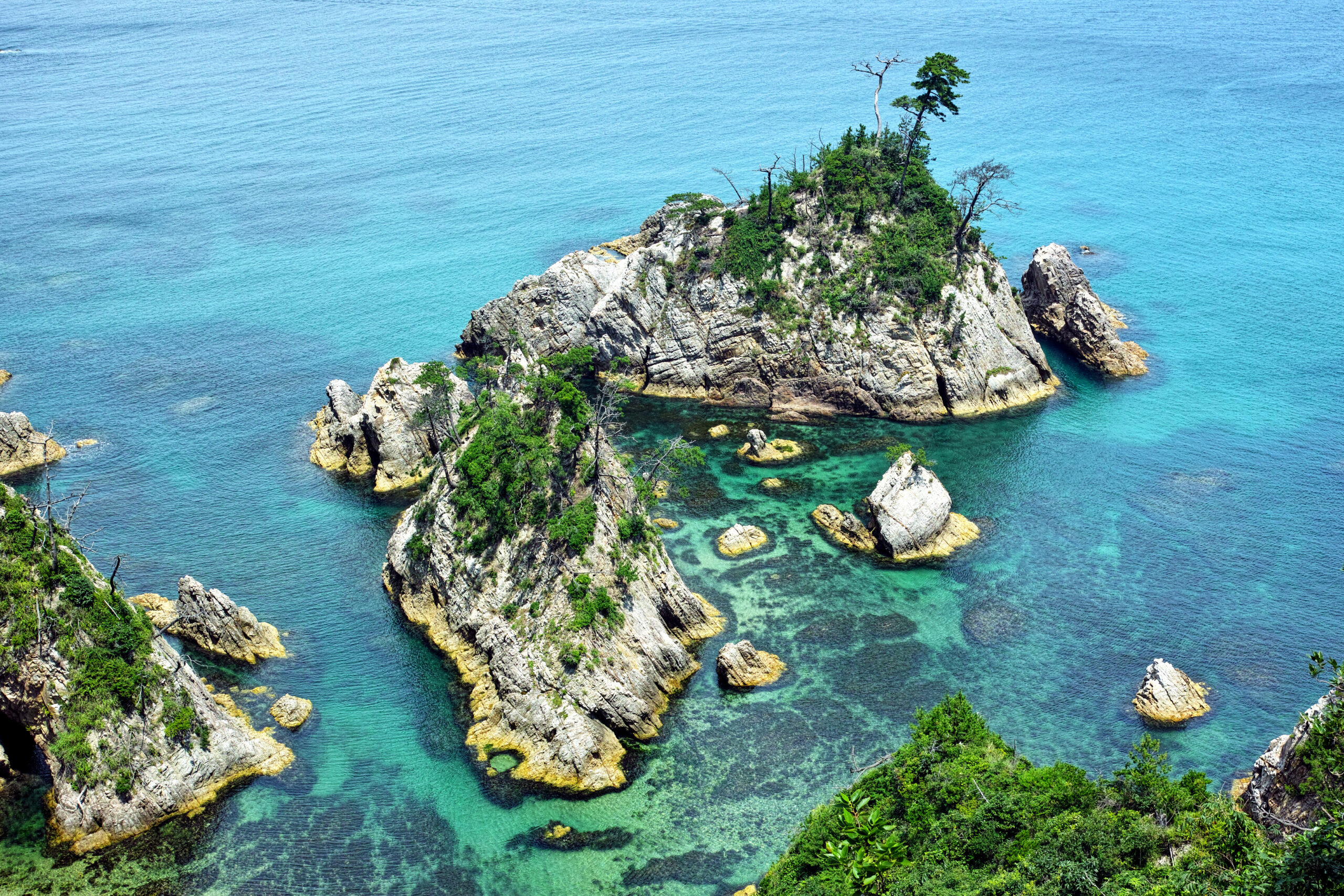Rocky island with green trees rising from crystal turquoise water.