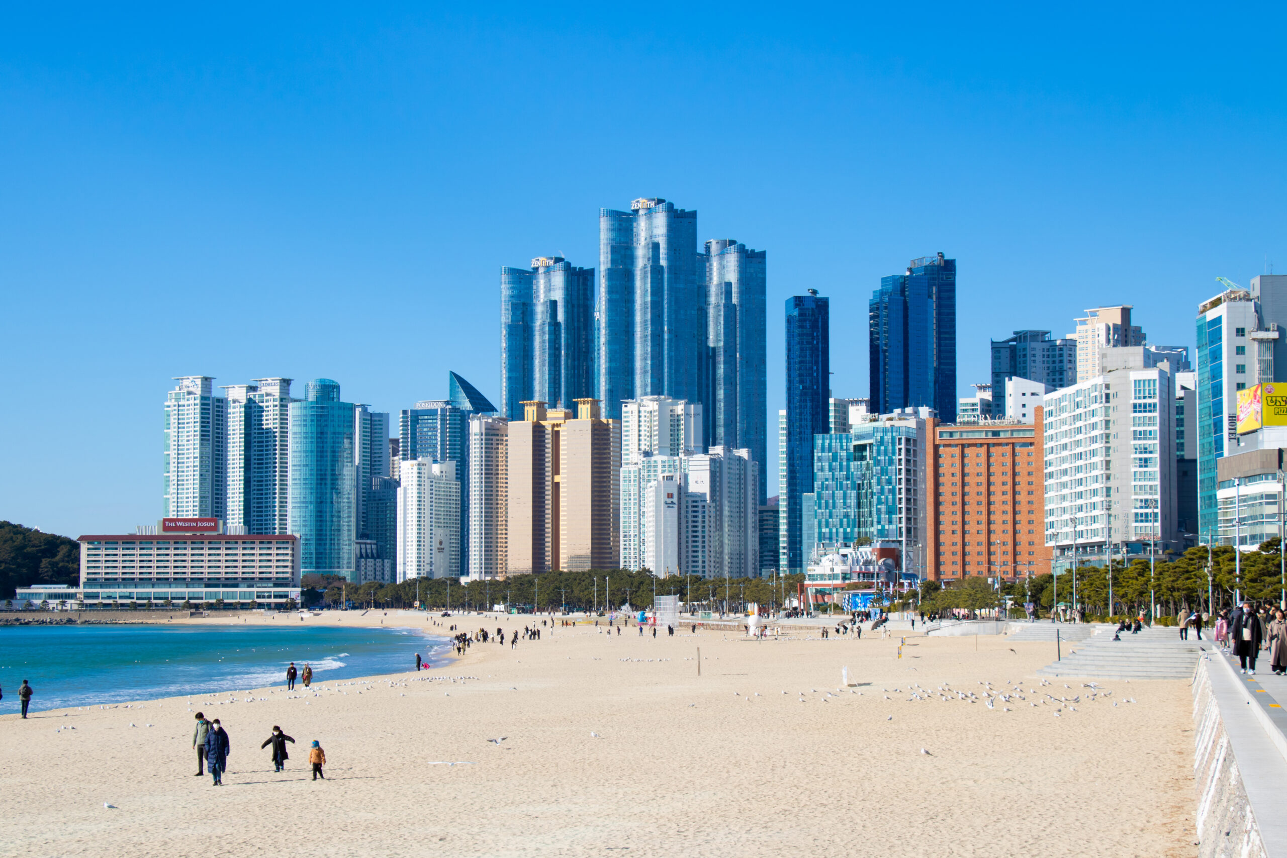 City skyline with tall glass skyscrapers along a sandy beach under a clear blue sky.