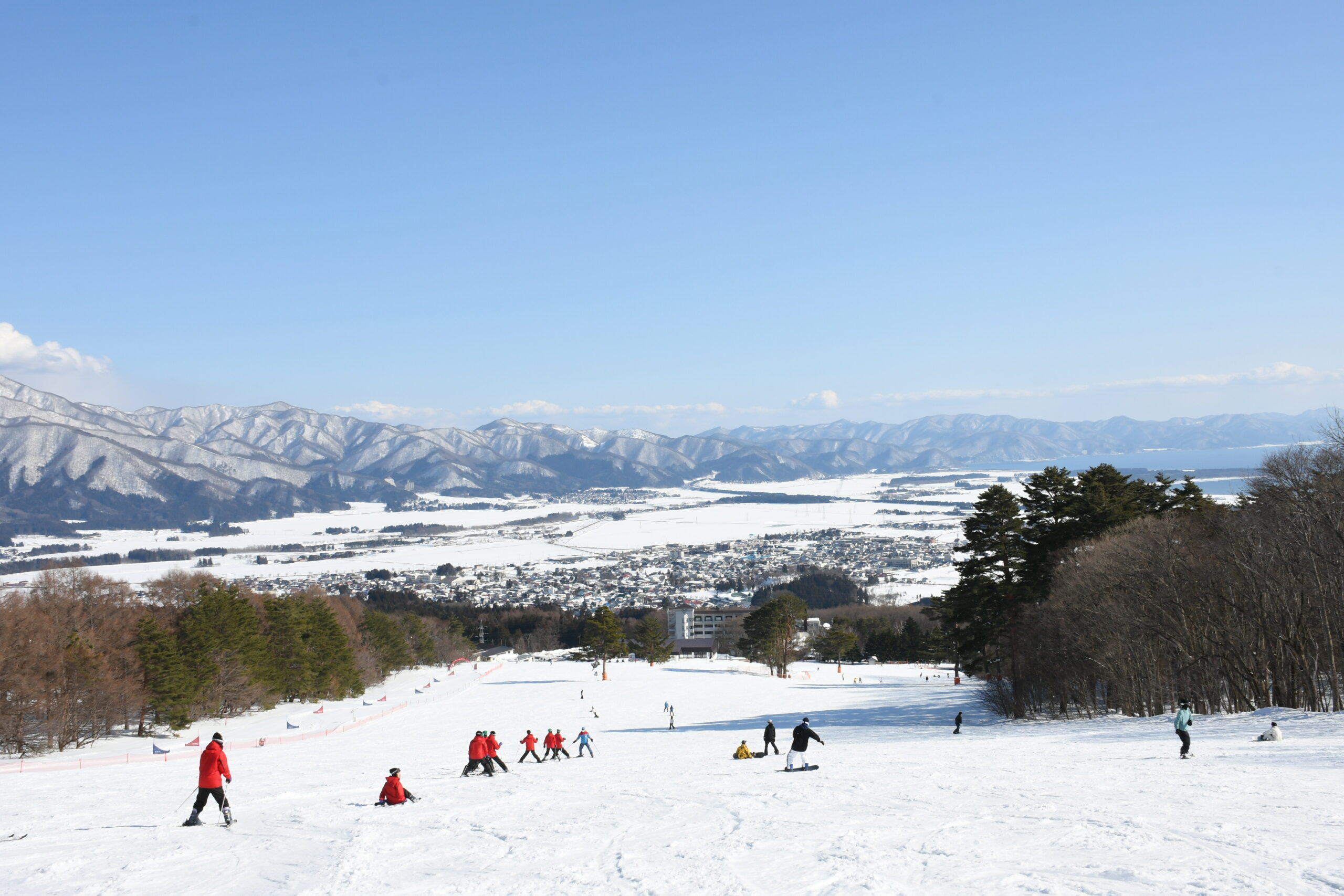Snowy mountain valley with skiers on a wide slope, evergreen trees in the foreground and a clear blue sky.