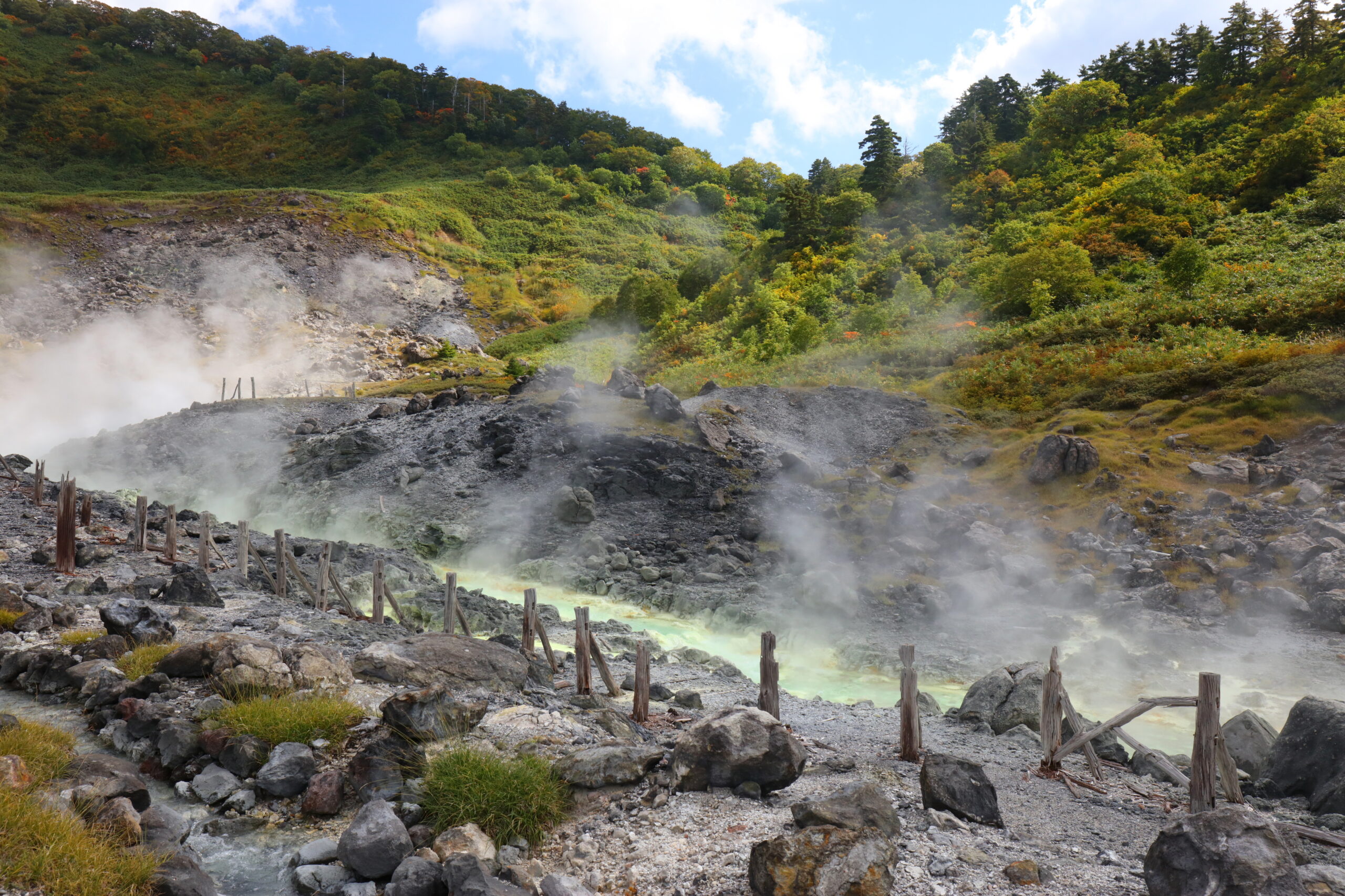 Steaming rocky volcanic area with a wooden fence, and a forested hillside in autumn colors in the background.