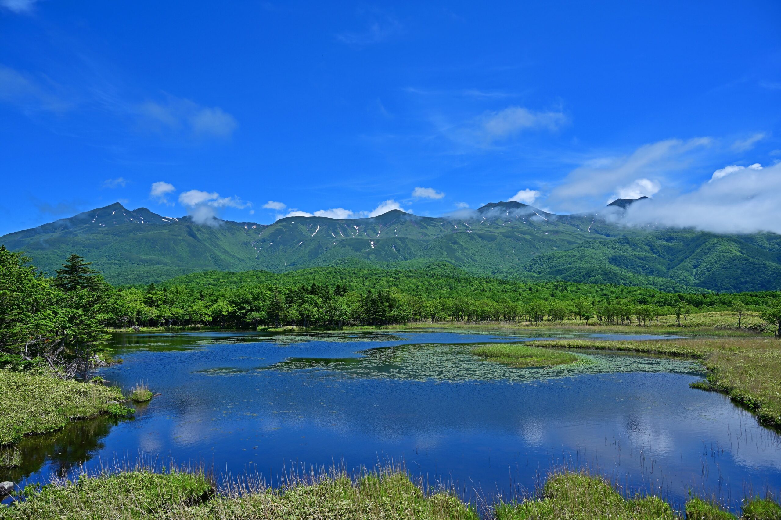 Broad mountain range under a bright blue sky, with a reflective lake and green forest in the foreground.