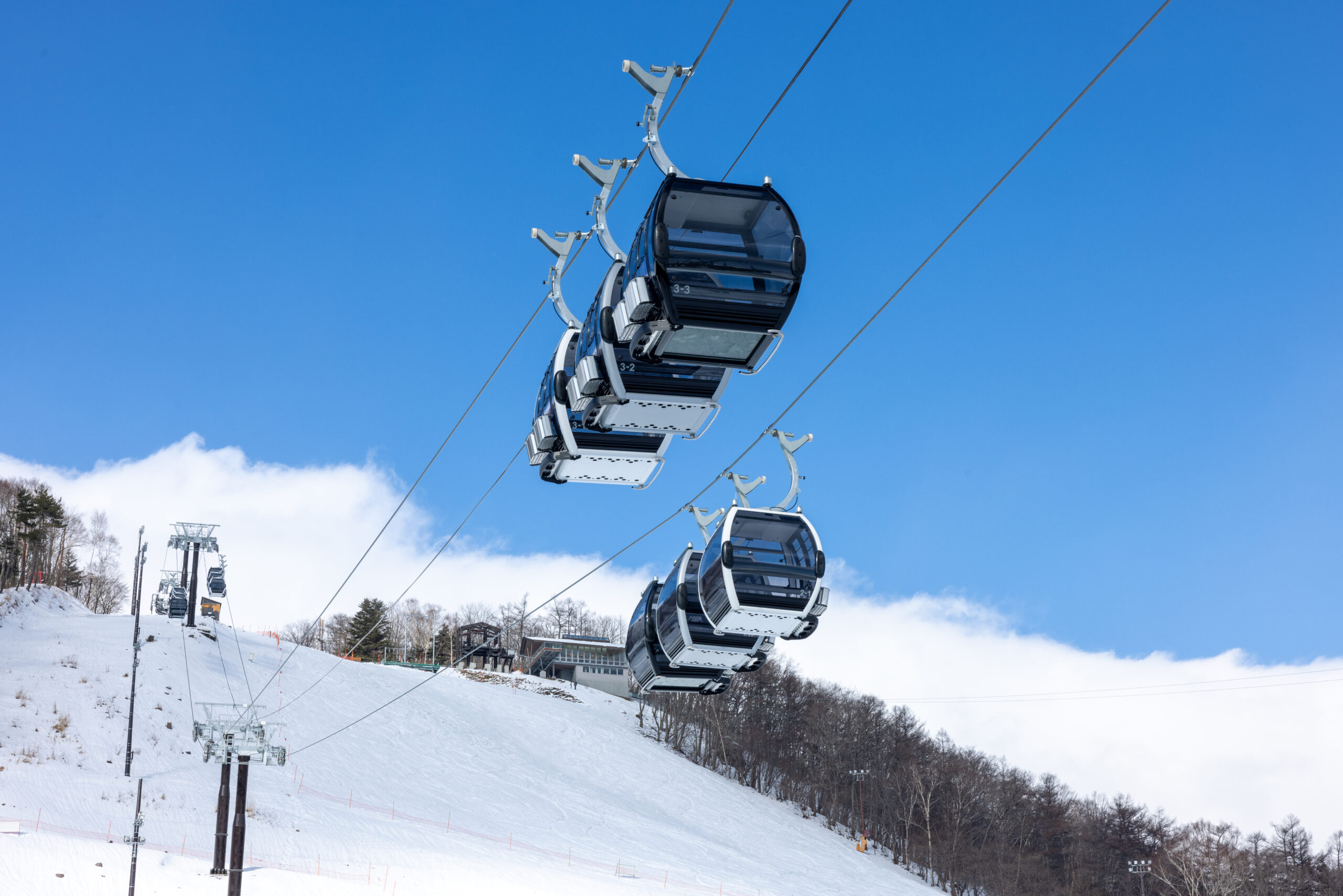 Ski lift chairs traveling up a snowy slope against a clear blue sky, with bare trees in the distance and supporting poles along the hillside