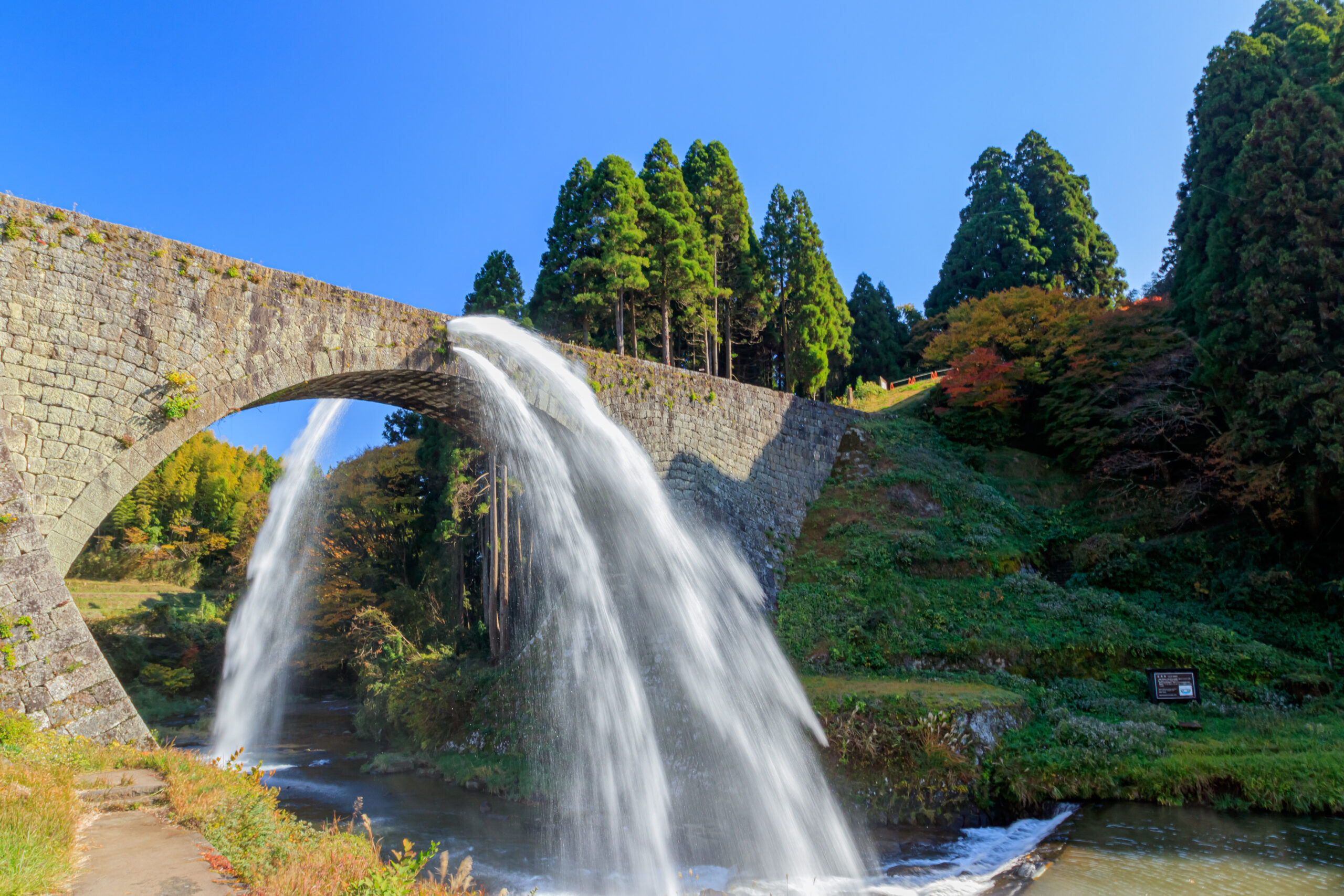Stone arch bridge with a waterfall spilling over the edge, flanked by tall evergreen trees under a bright blue sky.
