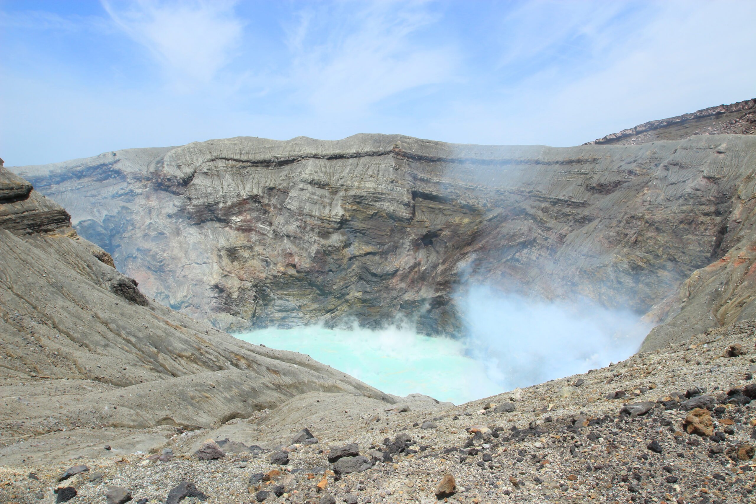Volcanic crater with steaming turquoise lake, framed by gray rocky slopes under a blue sky.