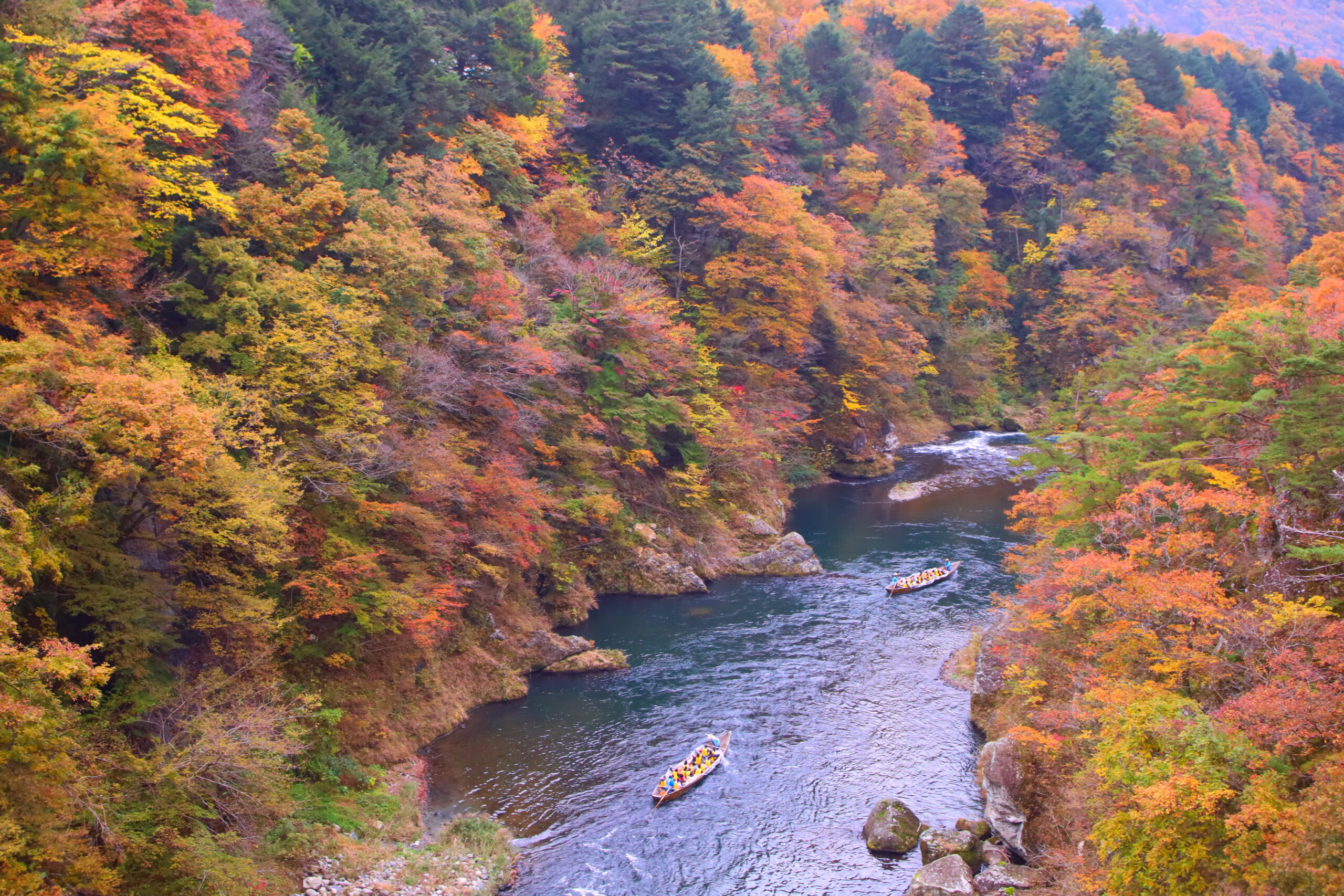 River winding through a canyon lined with vibrant fall foliage in orange, red, and yellow; two rafts with paddlers afloat the water.